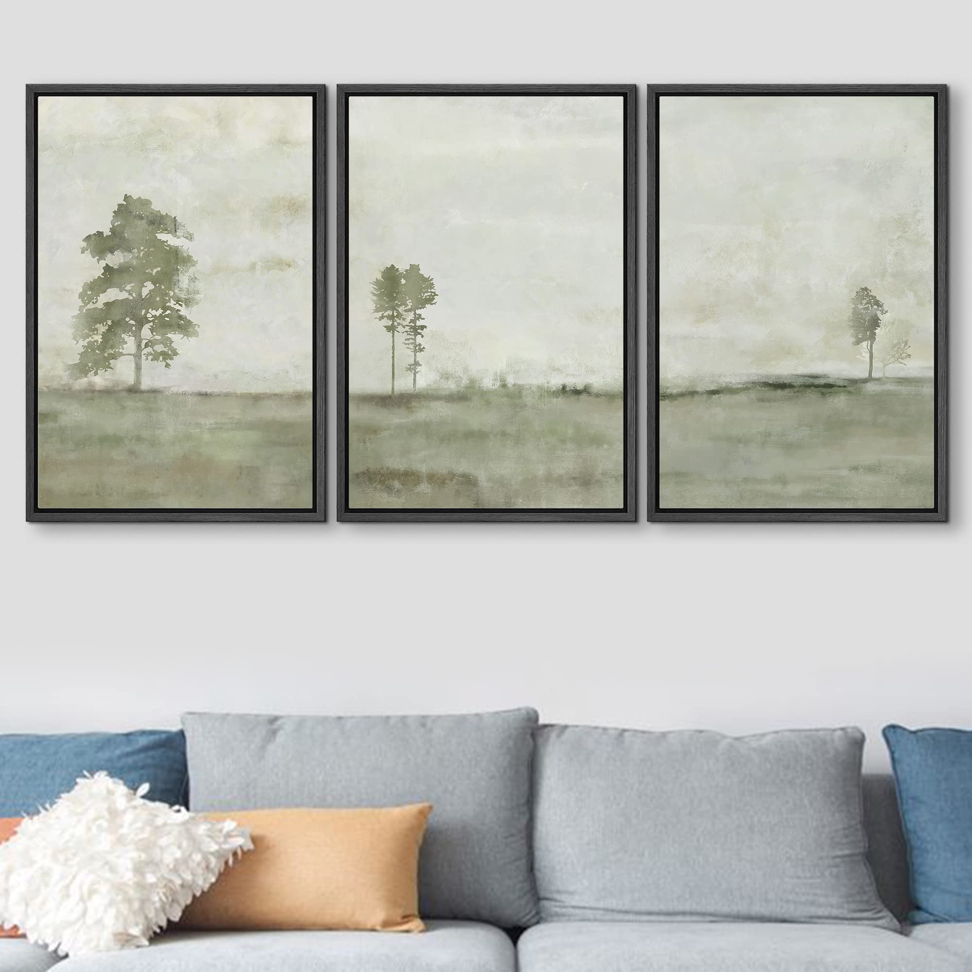 Signford Framed Canvas Print Wall Art Set Green Grunge Country Forest Tree Abstract Shapes Illustration Modern Art Decorative No