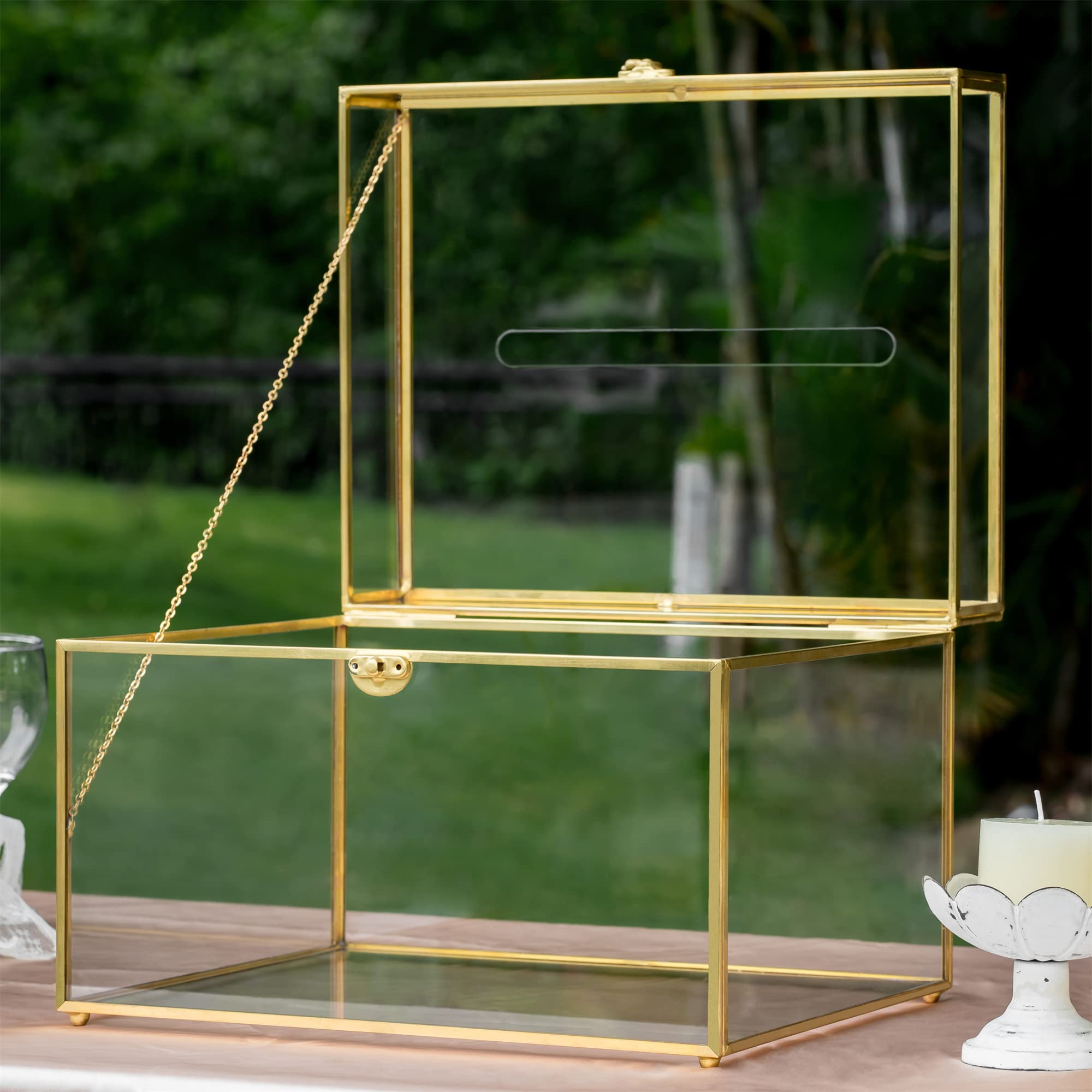 NCYP Large Glass Wedding Cards Box with Slot for Party Reception, 12 x 9.4 x 8.4 Home Tabletop Clear Decor, Gold Centerpiece, Ke