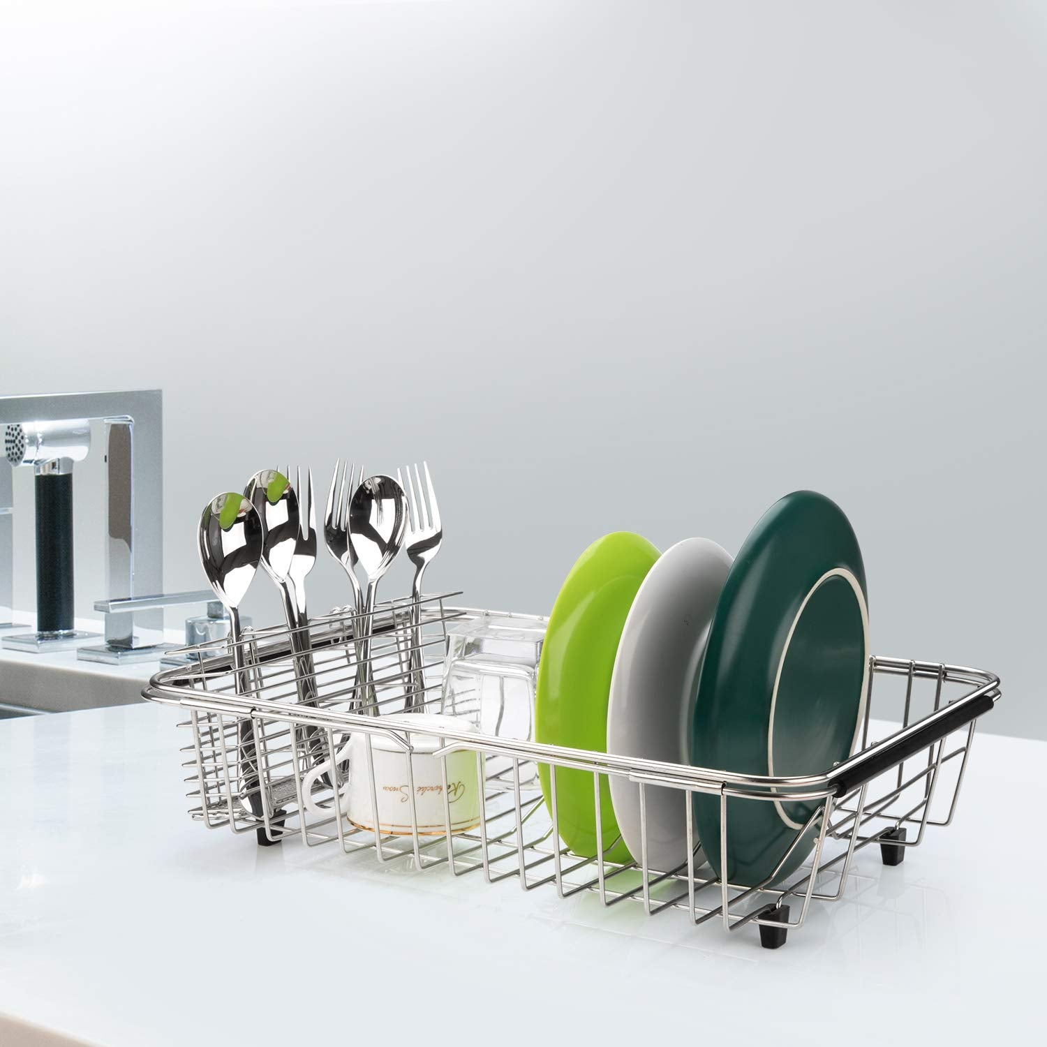 Slideep Expandable Dish Drying Rack, Stainless Steel Over The Sink Dish Rack, In Sink Or On Counter Dish Drainer With Stainless