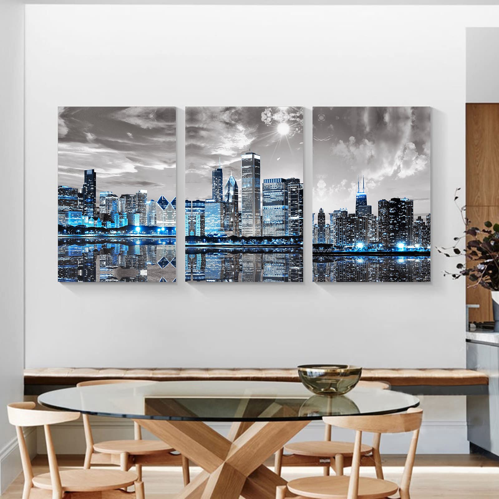 SERIMINO Wall Decor Living Room Modern City Chicago Skyline Pictures Canvas Wall Art for Bedroom Poster for Office Farmhouse 3 Pieces Set Wood Framed Night Scene Prints Paintings for Home