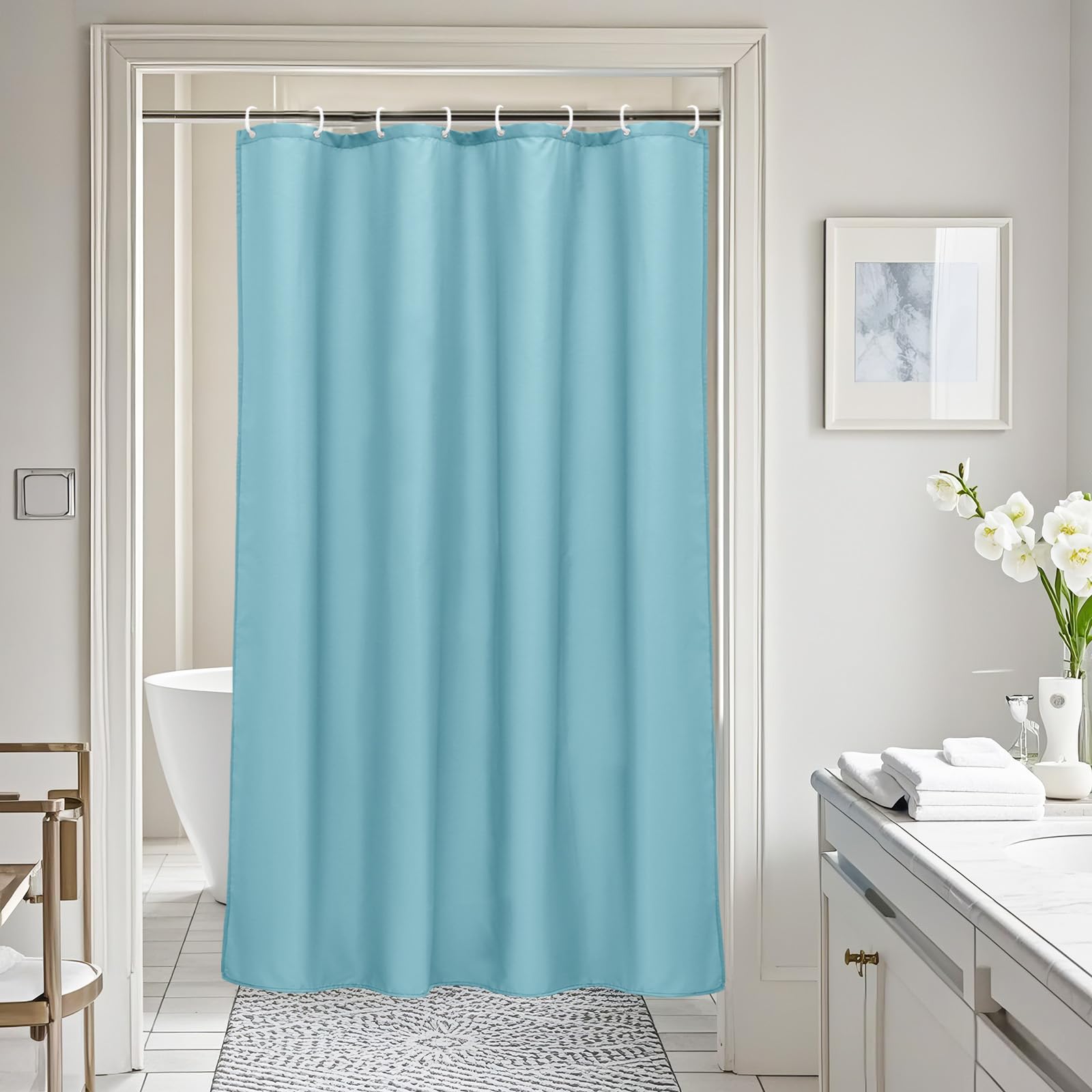 AooHome Stall Size 48x72 inch Shower Liner  Fabric Solid Color Bathroom Curtain with Hooks  Weighted Hem  Waterproof  Blue