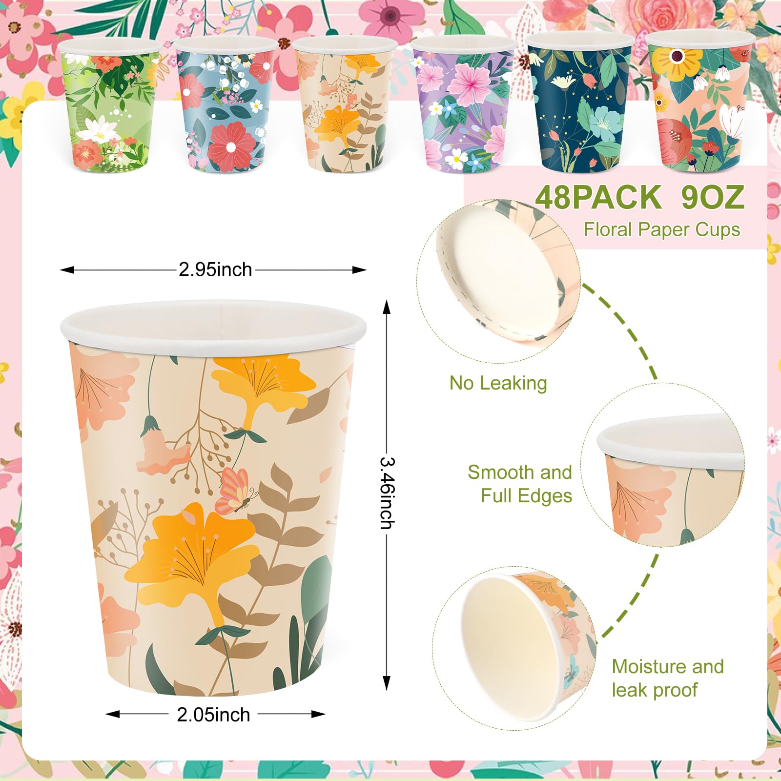 Disposable Paper Cup 9Oz 48 Pcs - 6 Unique Floral Designs Drinking Cup, Perfect For Spring Birthday Parties, Easter, Bridal Show