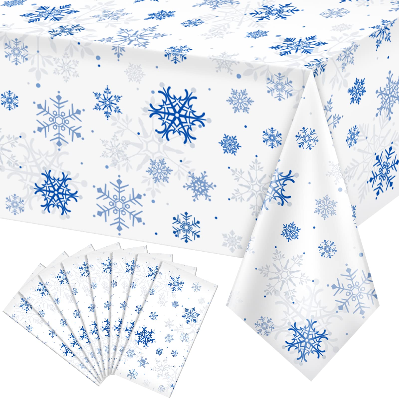 8 Pieces Snowflake Christmas Party Tablecloth Decorations,Plastic White Snowflake White Blue Xmas Backdrop Sign Table Cover Bann