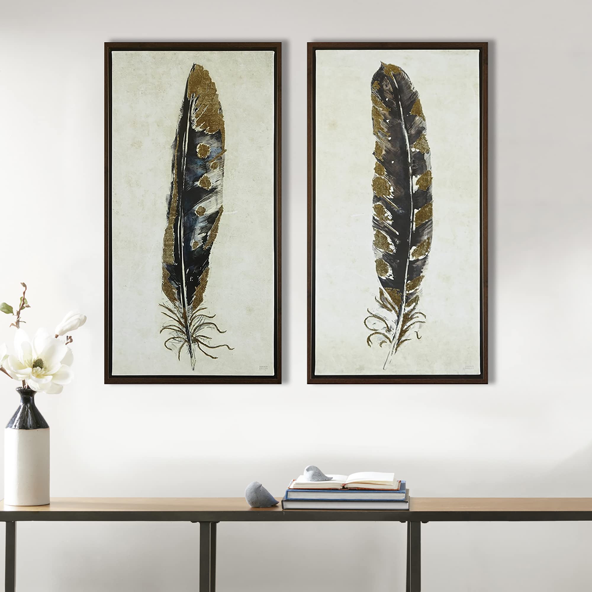 Urban Habitat, Gilded Feathers 2 Piece Set Wall Art Gold Foil Canvas, Modern Contemporary Global Inspired Painting Living Room A