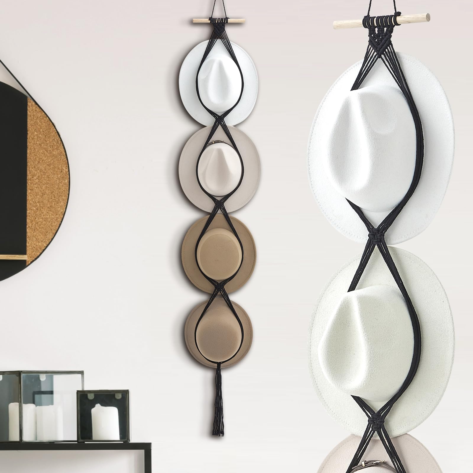 Yulejo Macrame Hat Hangers Boho Hat Rack Cowboy Hat Hanger Back Of Door Hat Organizer (Black,Four Hats Style)