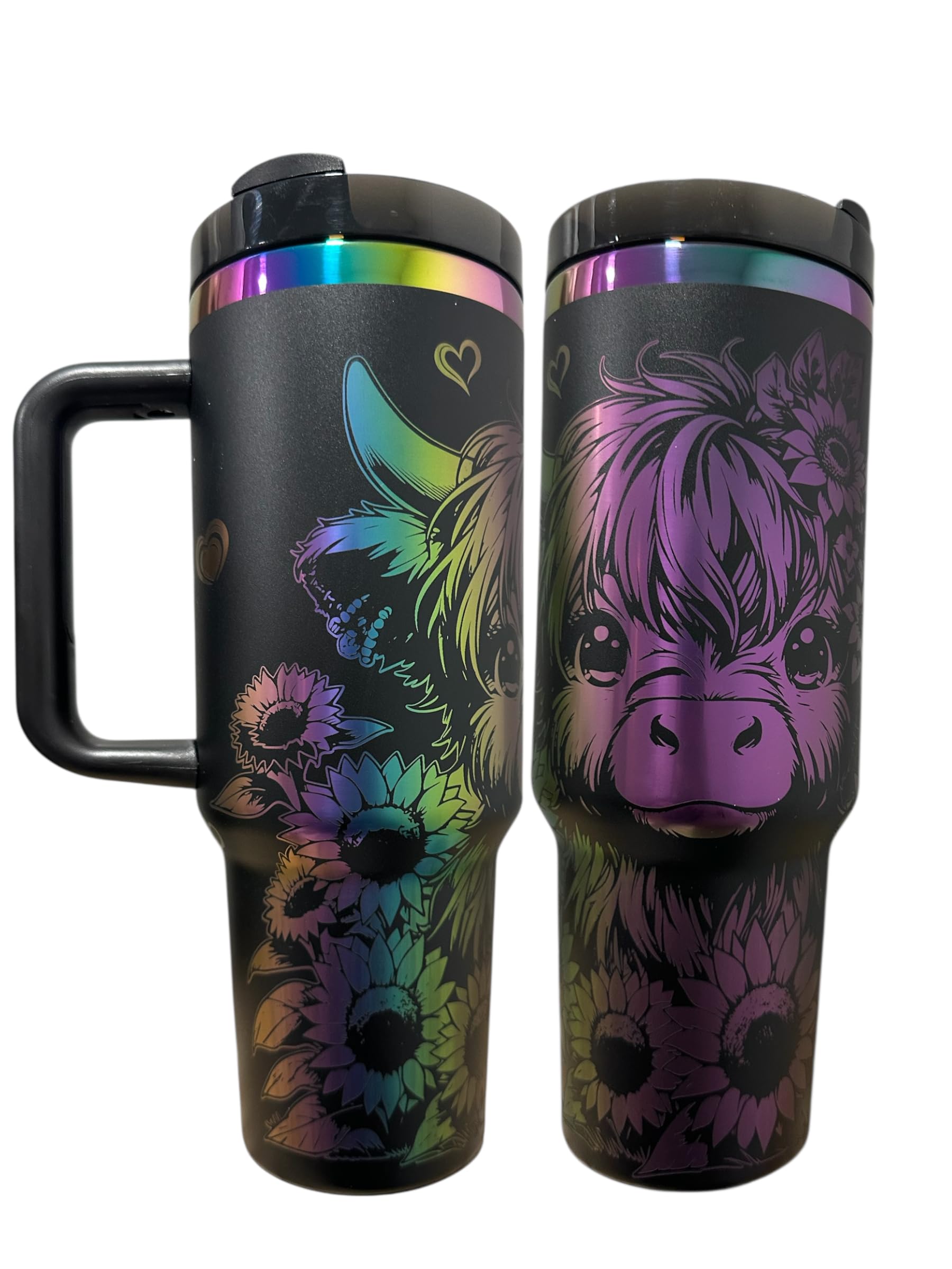 Silva lining designing Cow tumbler with handle 40 ounce Insulated Sunflower cup Floral drinkware Gift for her Western cup (Black