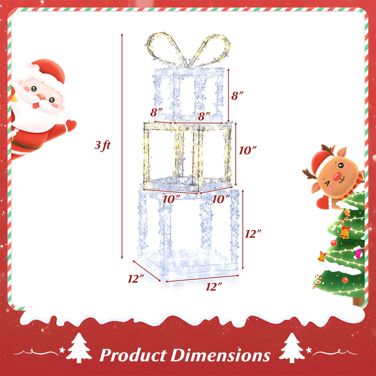 Tangkula 4 FT Lighted Stacked Gift Boxes, Light up Box Tower Christmas Decorations with Built-in LED Lights & Decorative Bows, I