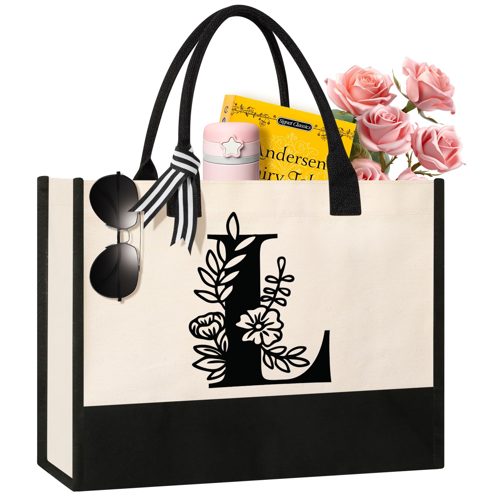 Tecanne Personalized Initial Canvas Tote Bag, Suitable for Birthday, Wedding, Beach, Holiday, Gifts for Women, Mom, Teachers, Nu