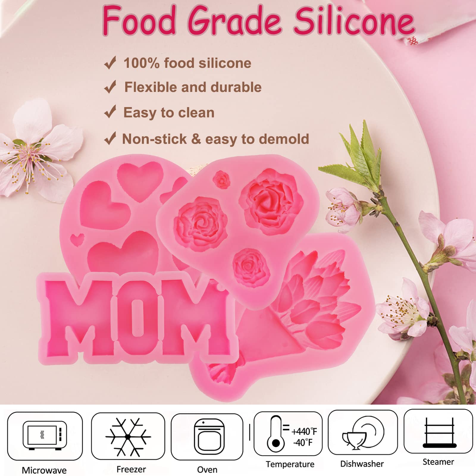 6Pcs Mother'S Day Fondant Mold Mom Word Silicon Mold Best Mom Chocolate Mold Rose Tulip Flower Heart Shape Molds Mother And Chil