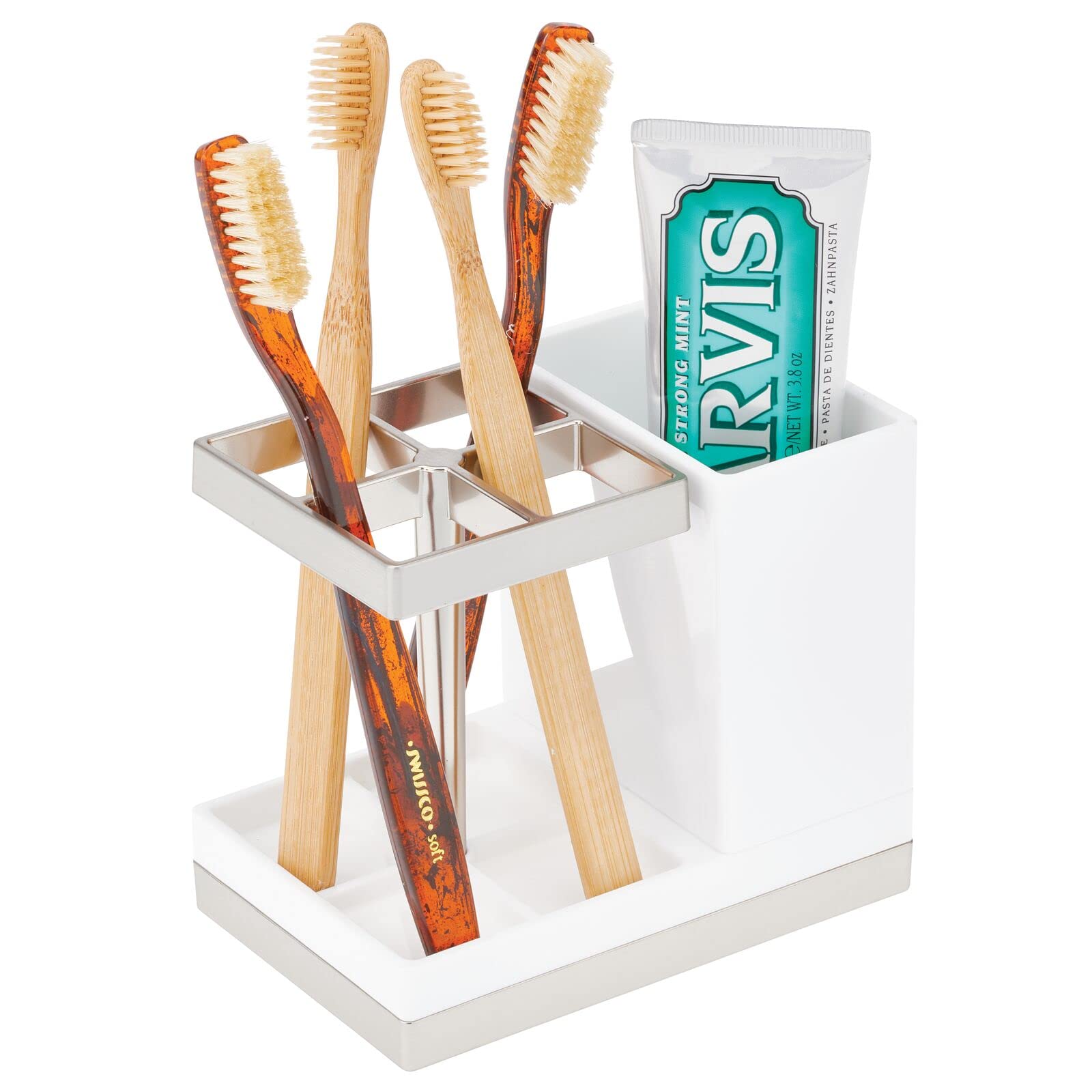 mDesign Plastic Toothbrush and Toothpaste Storage Organizer Holder - Home Decor for Bathroom Countertop - Holds Toiletries and B