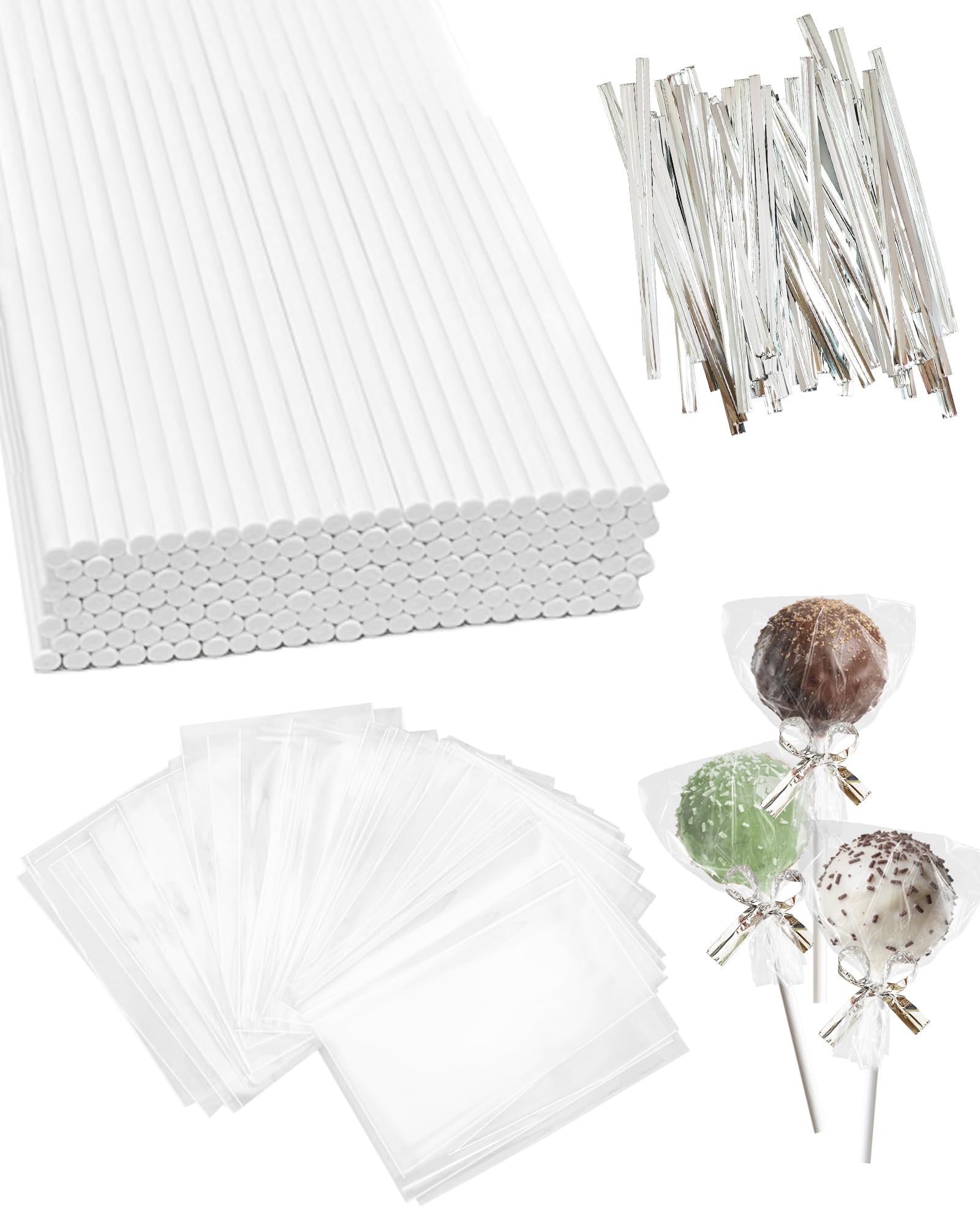 CHELIZIYA 300PCS Cake Pop Sticks and Wrappers Set, with 100 6-inch Paper Sticks, 100 Treat Bags, 100 Silver Twist Ties for Lolli