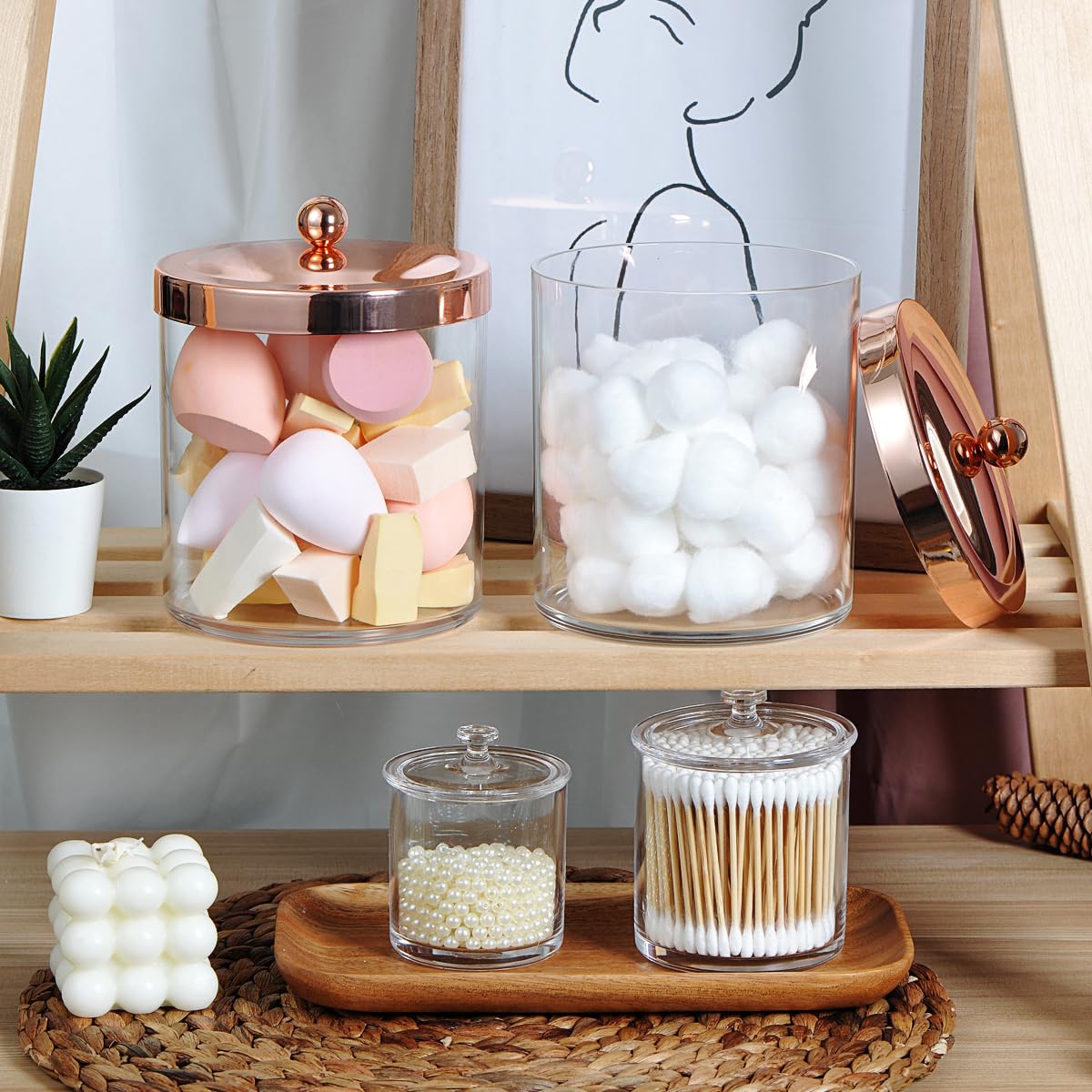 Premium Quality Apothecary Jars - Clear Plastic Storage Jars with Rust Proof Stainless Steel Lids - Bathroom Vanity Countertop Storage Organizer Canister Holder House Decor | Set of 3 (Rose gold)