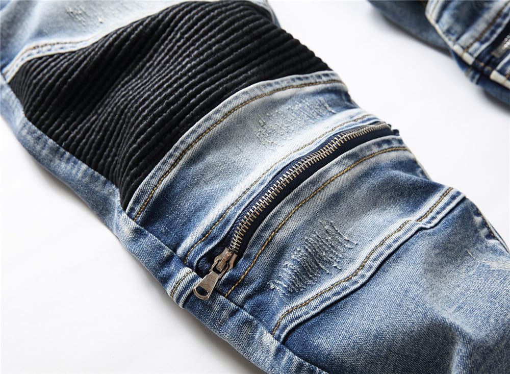 Aititia Mens Biker Zipper Deco Washed Straight Fit Jeans (38W X 32L, 005 Blue)