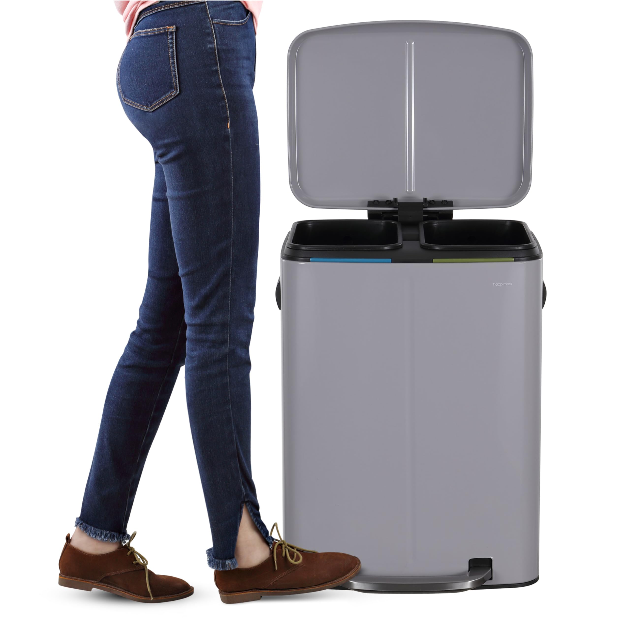 Happimess Hpm1005I Marco Rectangular 10.6-Gallon Double Bucket Trash Can With Soft-Close Lid, Fog Gray, Fingerprint Resistant, M