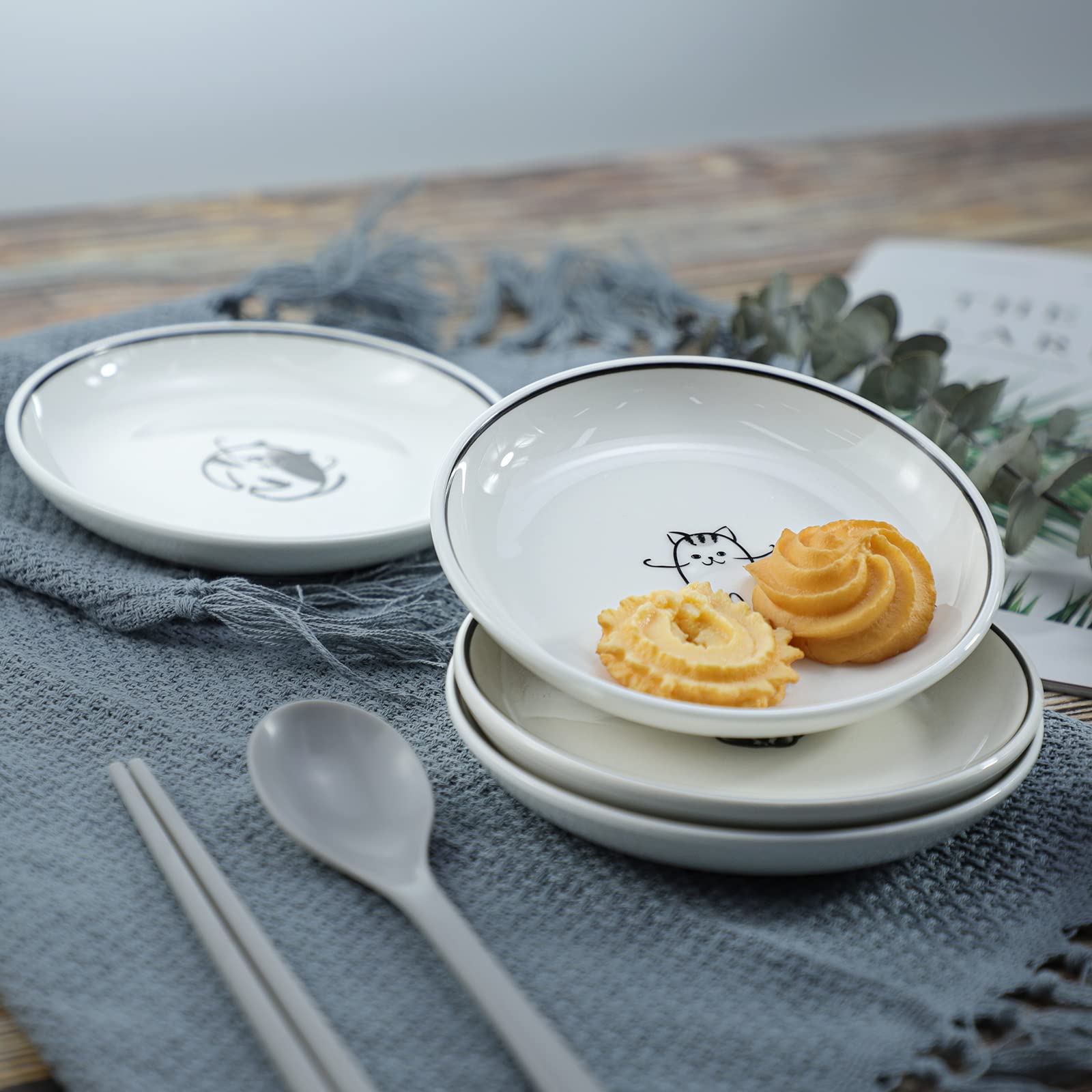WAIT FLY 5 Inches Funny Dog and Cat Pattern with Brush Strokes Ceramics Seasoning Dishes/Tea Bag Holders/Ketchup Saucer/Appetizer Plates/Seasoning Dipping Bowls  Set of 4