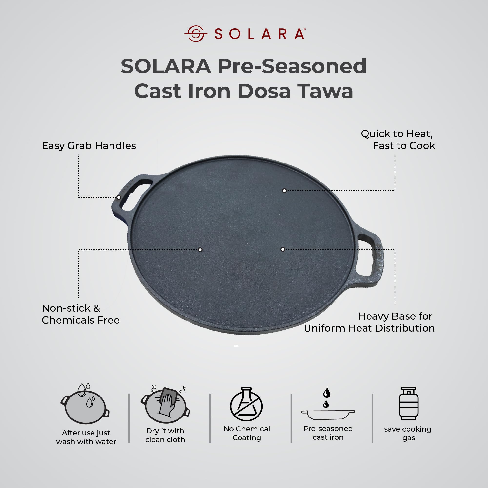 SOLARA Cast Iron 12 Inch(30 CM) Tawa, Tawa for Dosa/Uthappam/Roti/Chapati/Naan, Gas & Induction Friendly, Cast Iron Tawa Cookwar