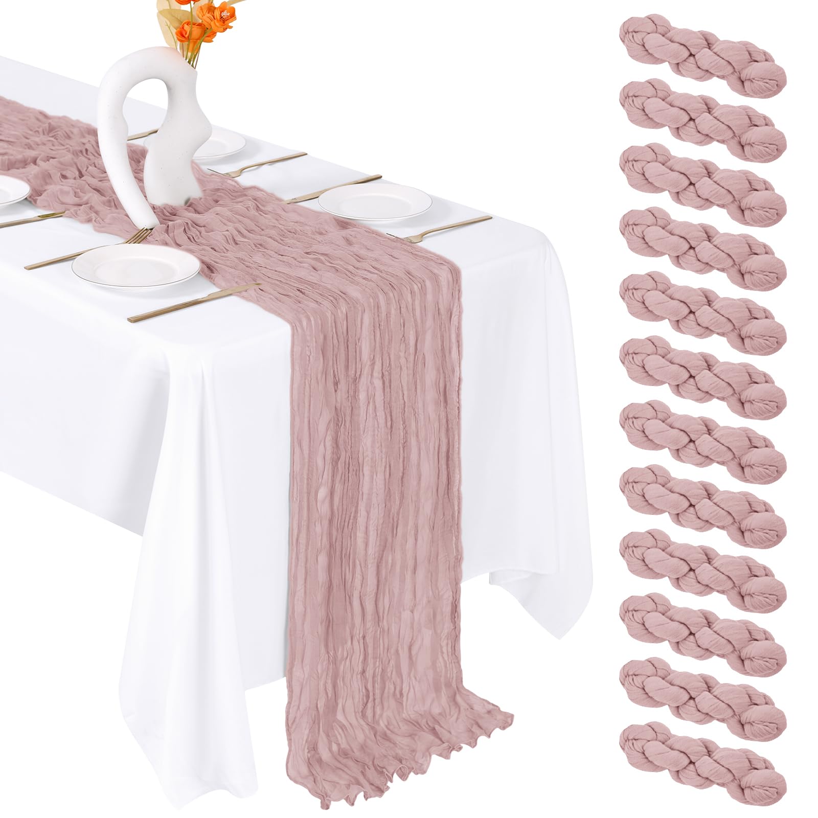 FANTEKE 12 Pack Dusty Pink Cheesecloth Table Runner 20 x 120 Inch Gauze Table Runner Fabric Semi Sheer Cheese Cloth Table Decor 