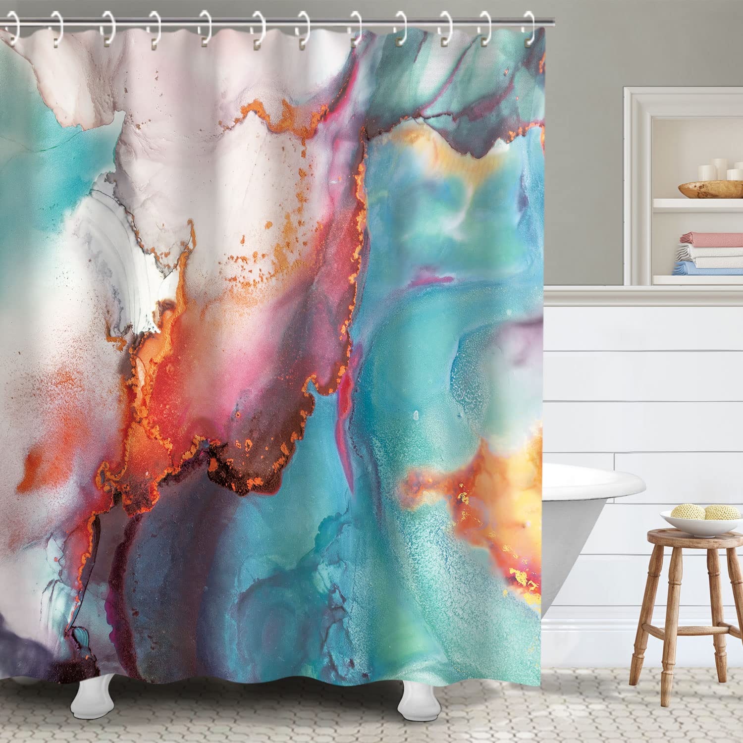 Rosielily?Eal?Arble?Hower Curtain,?Range?Bstract?Athroom?Urtain,?Ed?Lue Watercolor Shower Curtains Set With 12 Hooks,?Mbre Marbl