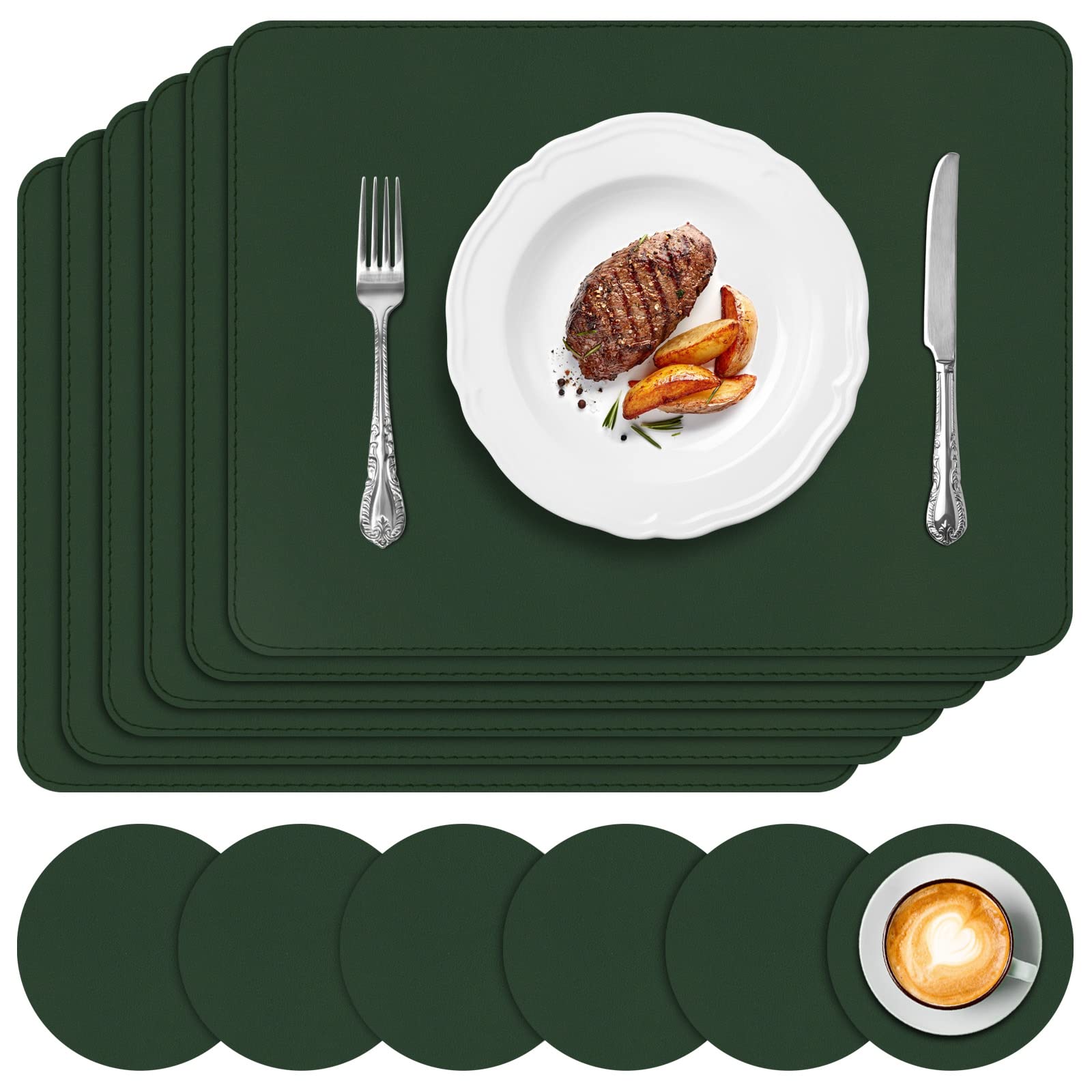 Aplker Vinyl Placemats Set Of 6, Green Waterproof Faux Leather Heat Resistant Kitchen Place Mats, Wipeable Dining Table Place Ma
