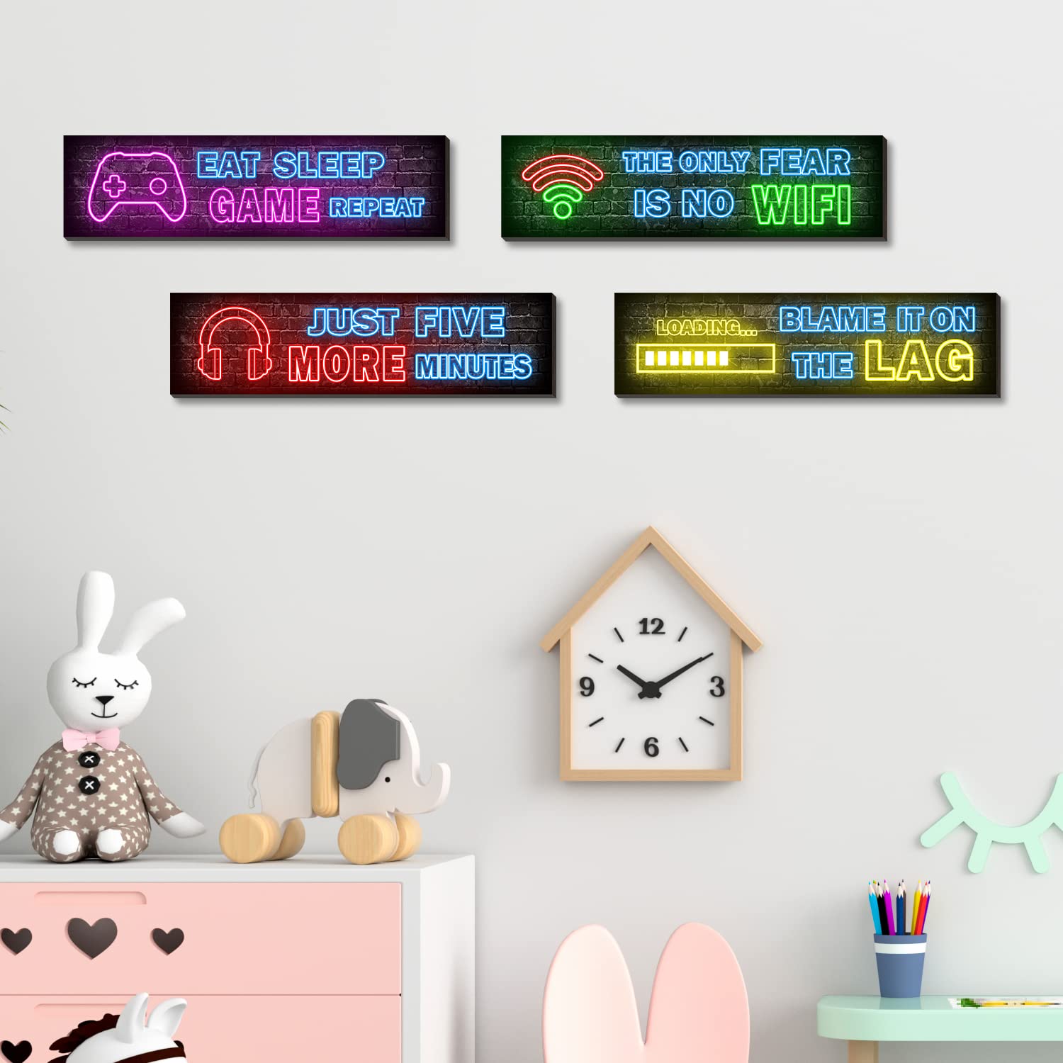 4 Pcs Printed Neon Gaming Posters, Teen Boys Room Decorations, Gamer Wall Art Decor For Bedroom Wooden