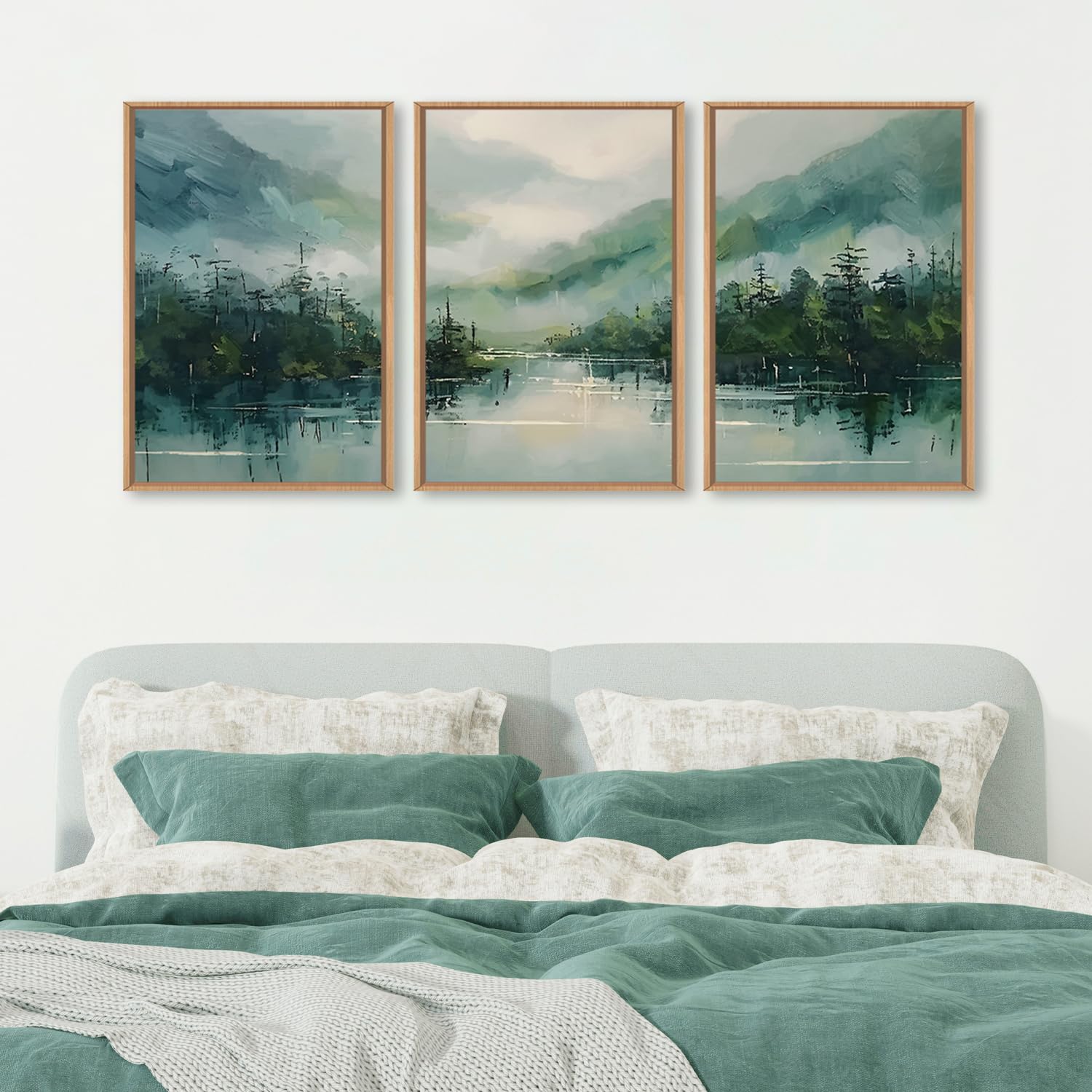 Lhiuem Large Geen Forest Mountain Framed Canves Wall Art Set,Misty Watercolor Artwork,Abstract Modern Nature Pine Tree Landscape