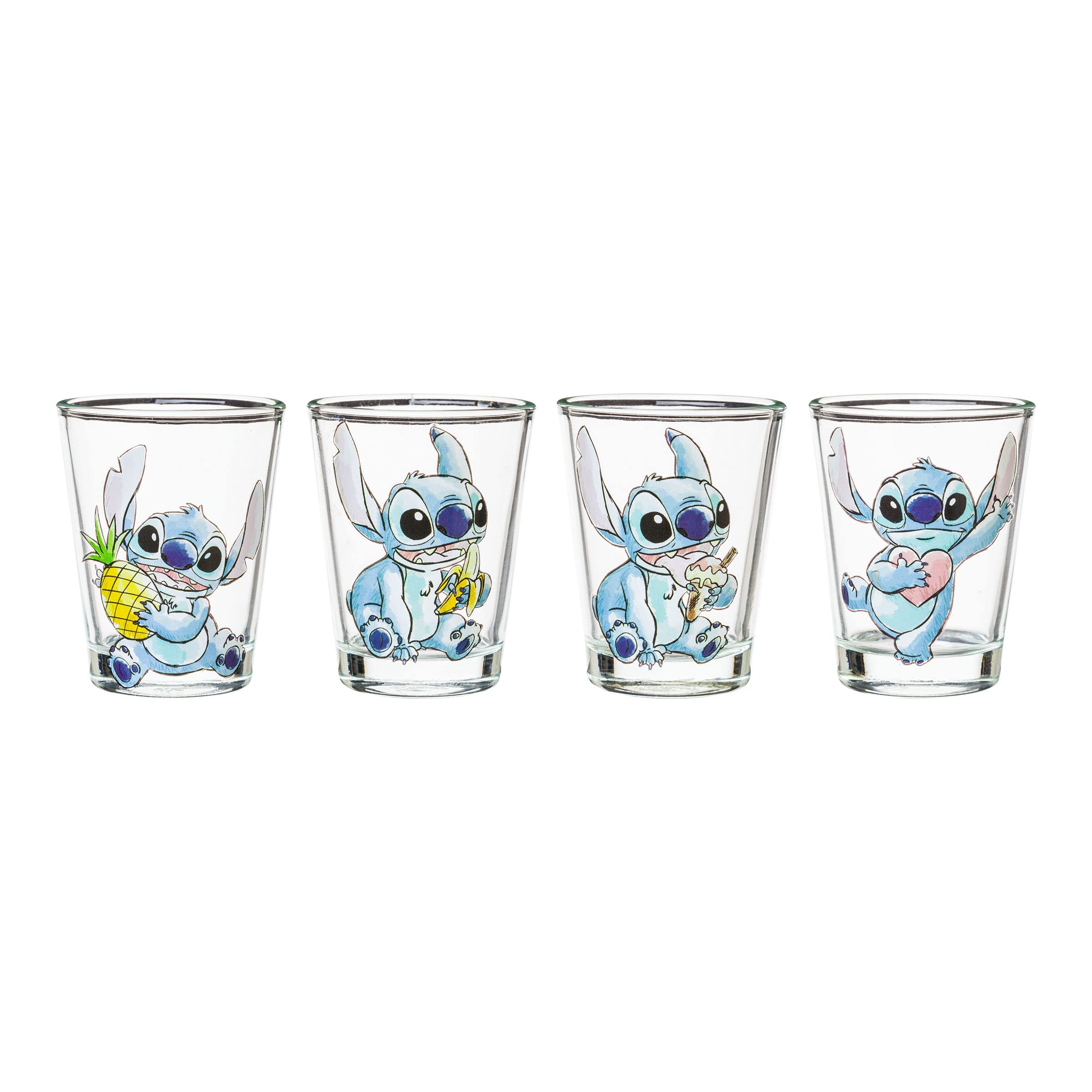 Silver Buffalo Disney Lilo And Stitch Poses With Fruit, Ice Cream, And Heart 4 Pack Mini Glasses, 1.5 Ounces