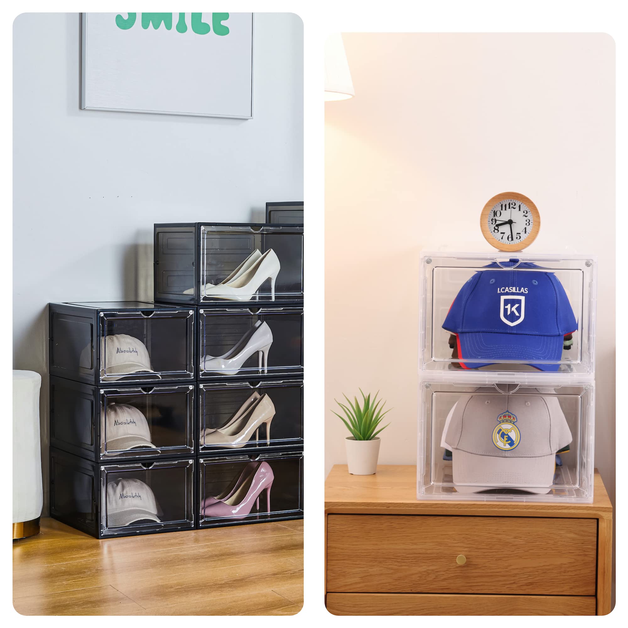 Attelite Hat Organizer For Baseball Caps, Set Of 6, Stackable Hat Storage Box, Hat Holder With Transparent Magnetic Door, Hat Ra