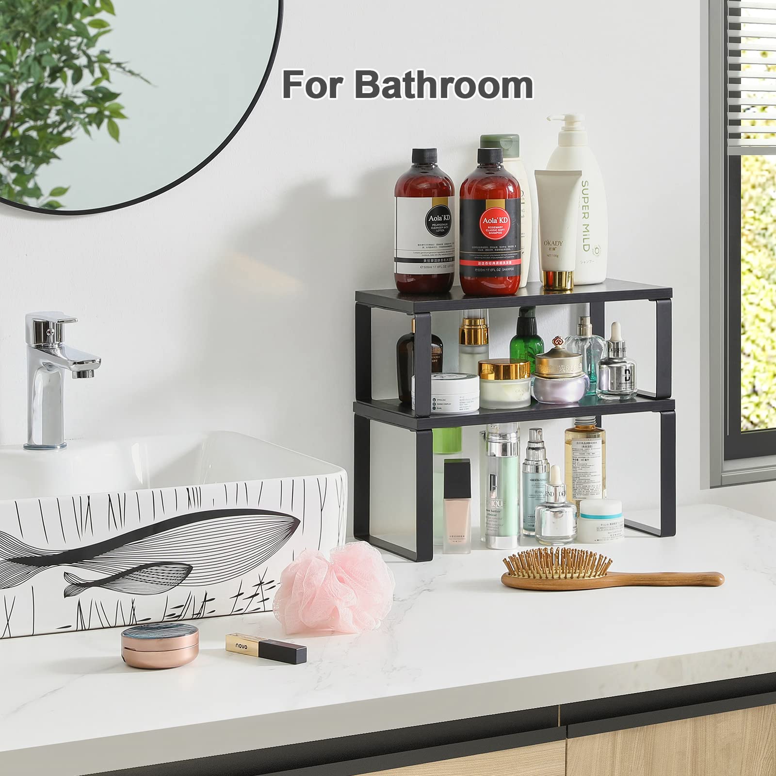 YMYNY Cabinet Shelf Organizer, Extendable Countertop Shelves Set of 2, Kitchen Spice Racks, Stackable, Storage Racks for Cupboar