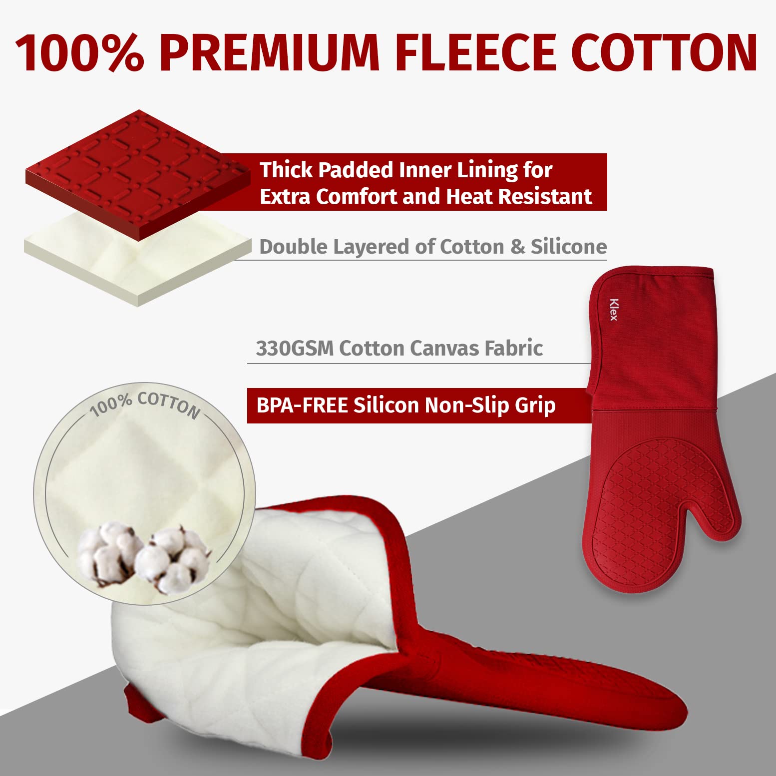 Klex Extra Long Silicone Oven Mitts, 932F Degrees Heat Resistance With Quilted Cotton Liner Oven Gloves, 2 Piece Set, 15 Inch, R