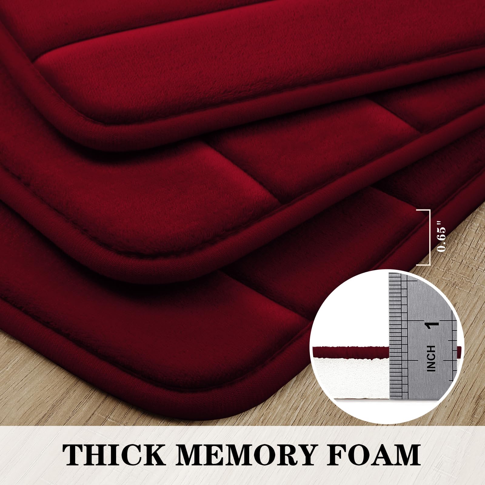 Bysure Burgundy Memory Foam Bathroom Rug Set 3 Piece, Non Slip Extra Soft Absorbent Bath Mats, Machine Washable & Dry Toilet Mat