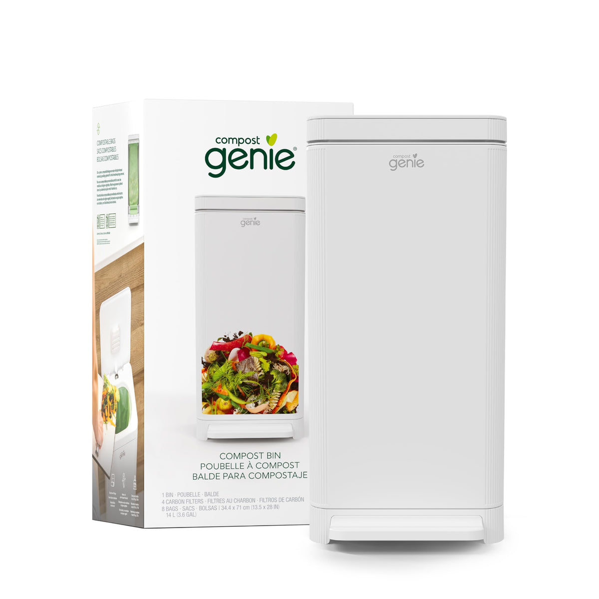 Compost Genie Kitchen Compost Bin, White Stainless-Steel Large, 3.6 Gallon, Indoor Odorless Composting, Hands-Free, Washable Par