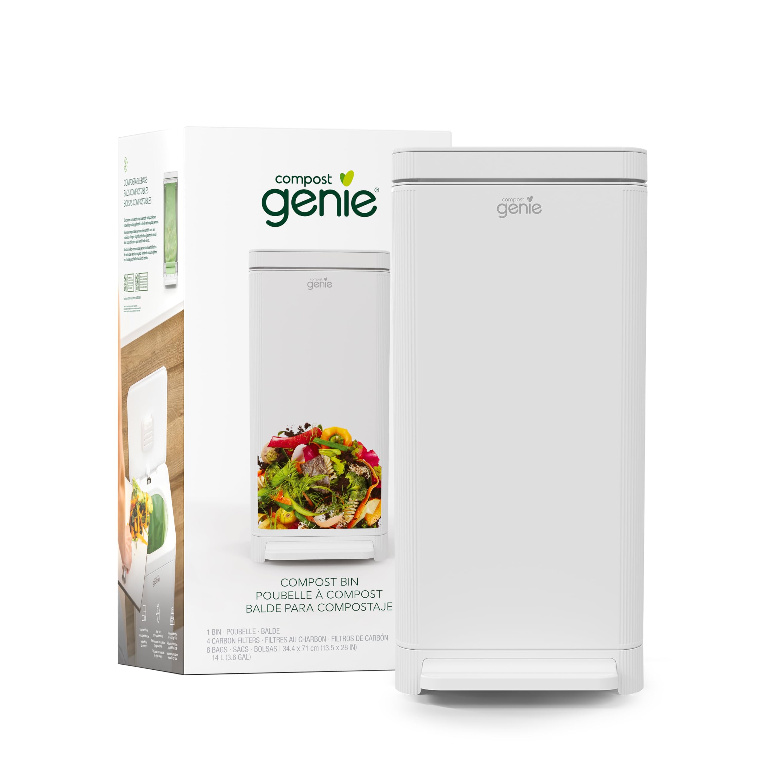 Kitchen Compost Bin, White StainlessSteel Large, 3.6 Gallon, Indoor Odorless Composting, HandsFree, Washable Parts, Includes 8