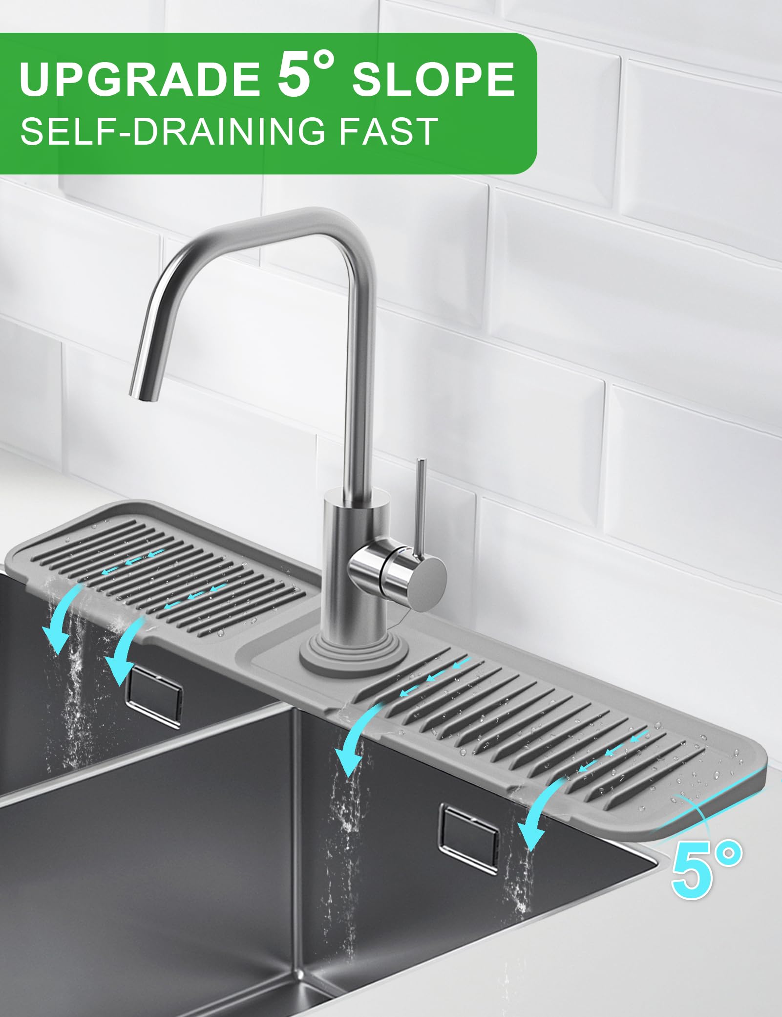 Kitchen Sink Splash Guard, 5Slope Draining Mat For Kitchen Sink, 24 Inch Sink Faucet Mat, Silicone Sink Faucet Mat Splash Guard,