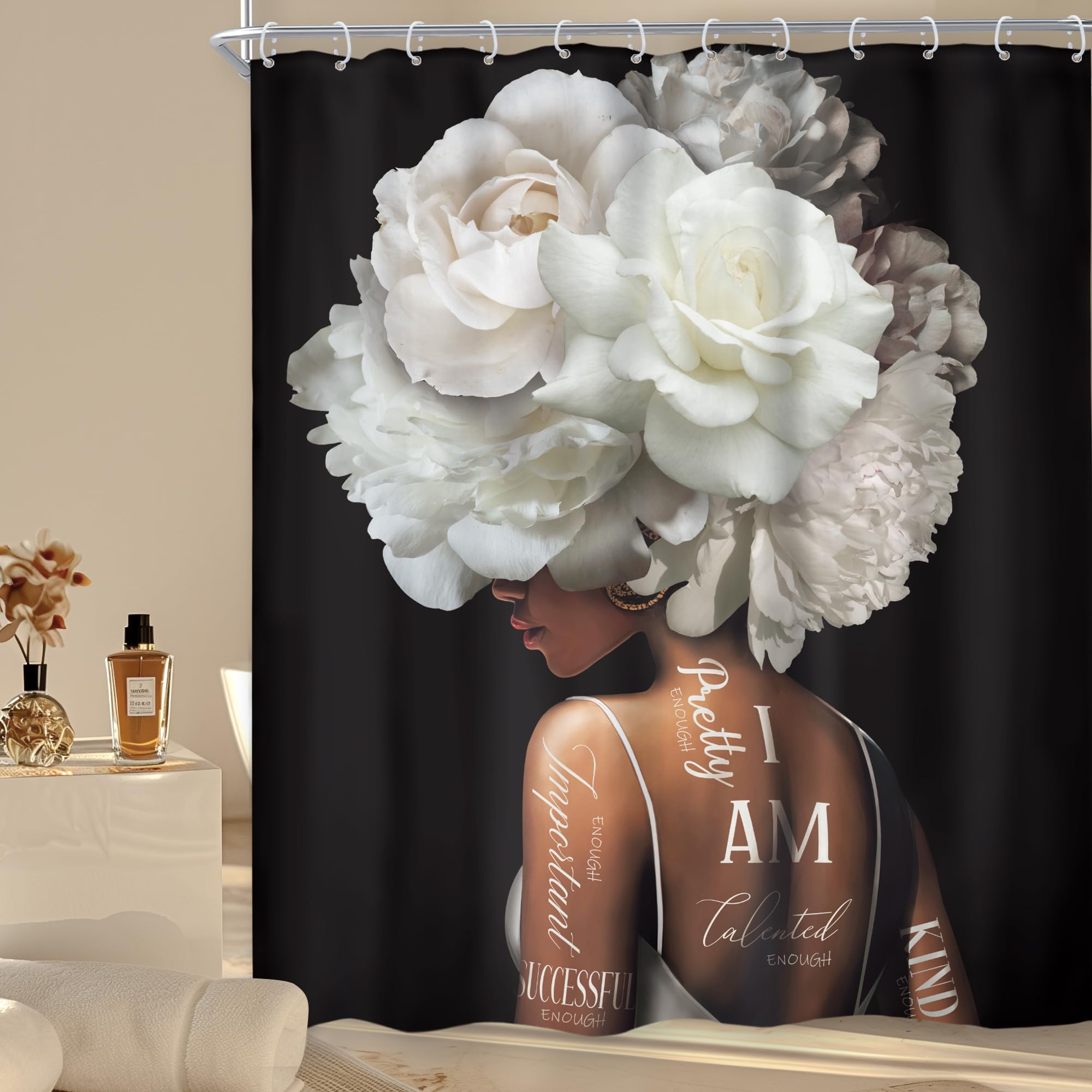 Riyidecor African American Shower Curtain 60Wx72H Inch Black And White Shower Curtains Floral Queen Peony Flower Rose Quotes Mod