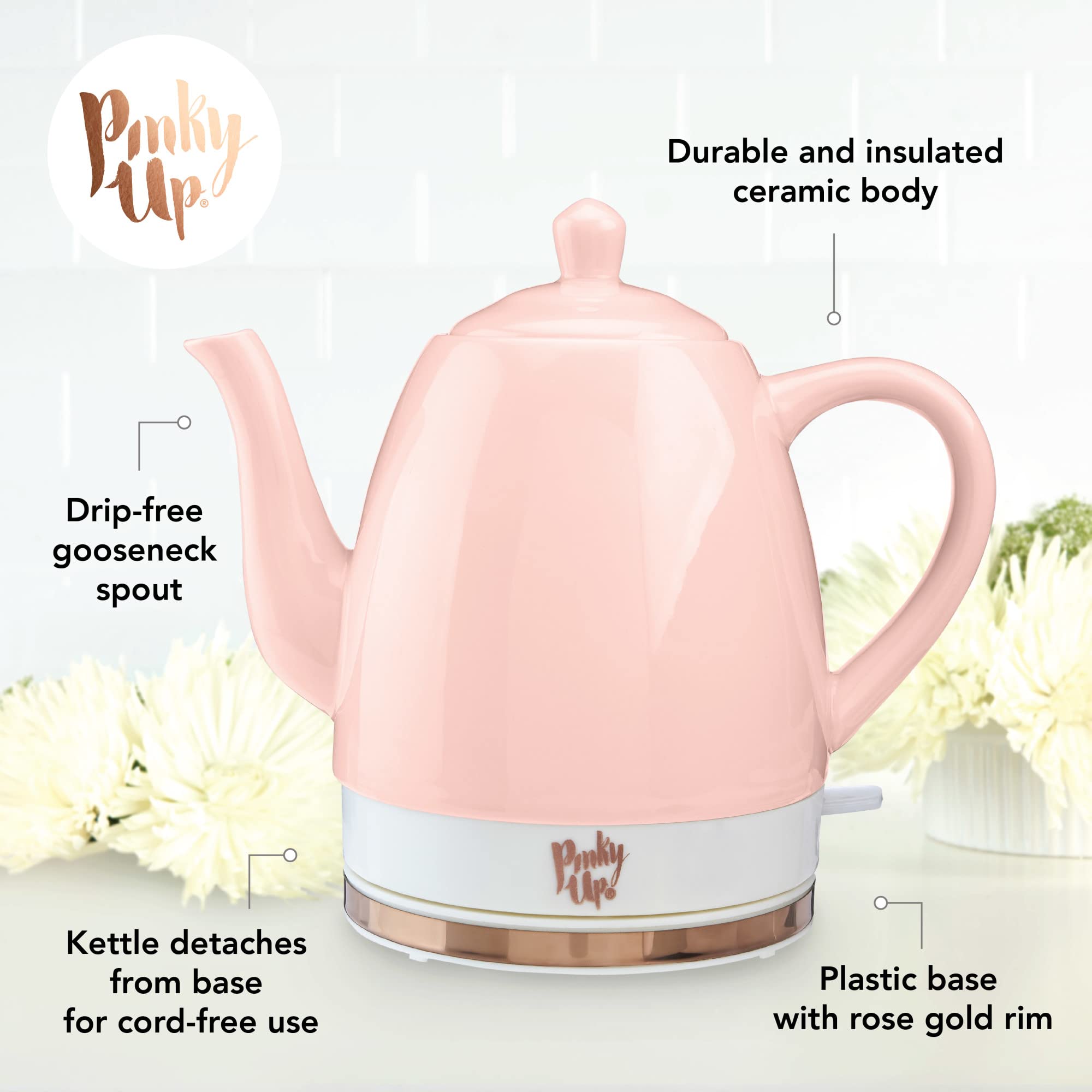 Pinky Up Noelle 1.5 L Pink Electric Ceramic Kettle With Gooseneck, Cute Water Boiler For Hot Teas And Pour Over Coffee, Blush Wi