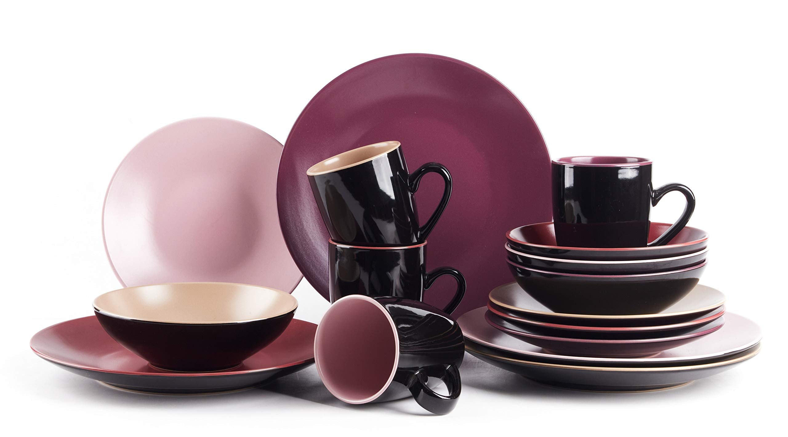 HomeVss Colors Life 16pc Dinnerware Set,Very Berry - 4 Assorted Colors Beige, Berry, Plum, and Rose