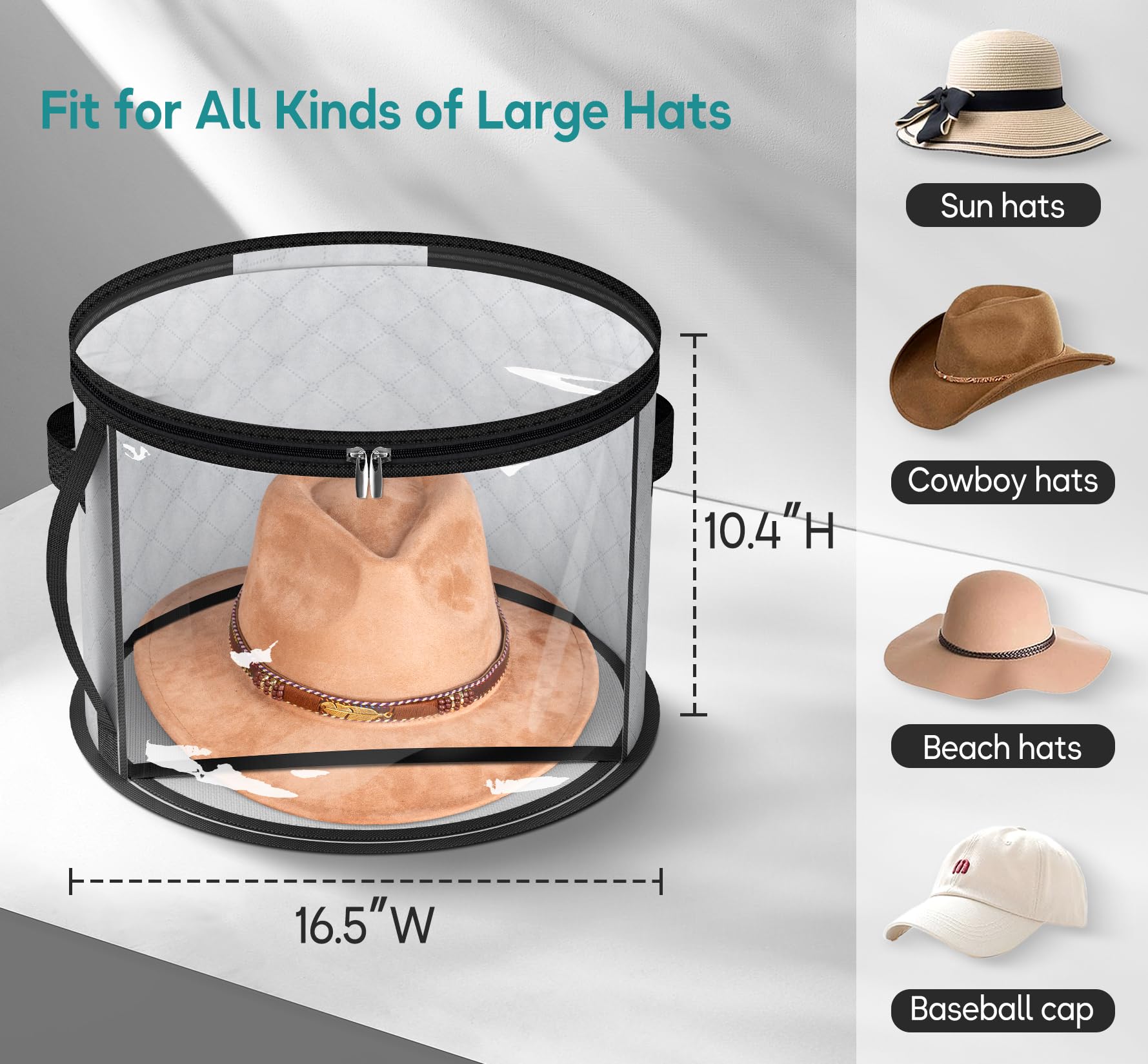 Aooda Oversized Clear Hat Storage Bag For Women, Holds Up To 7 Caps Cowboy Hat Organizer For Closet, Wide Brims Hat Case With Ca