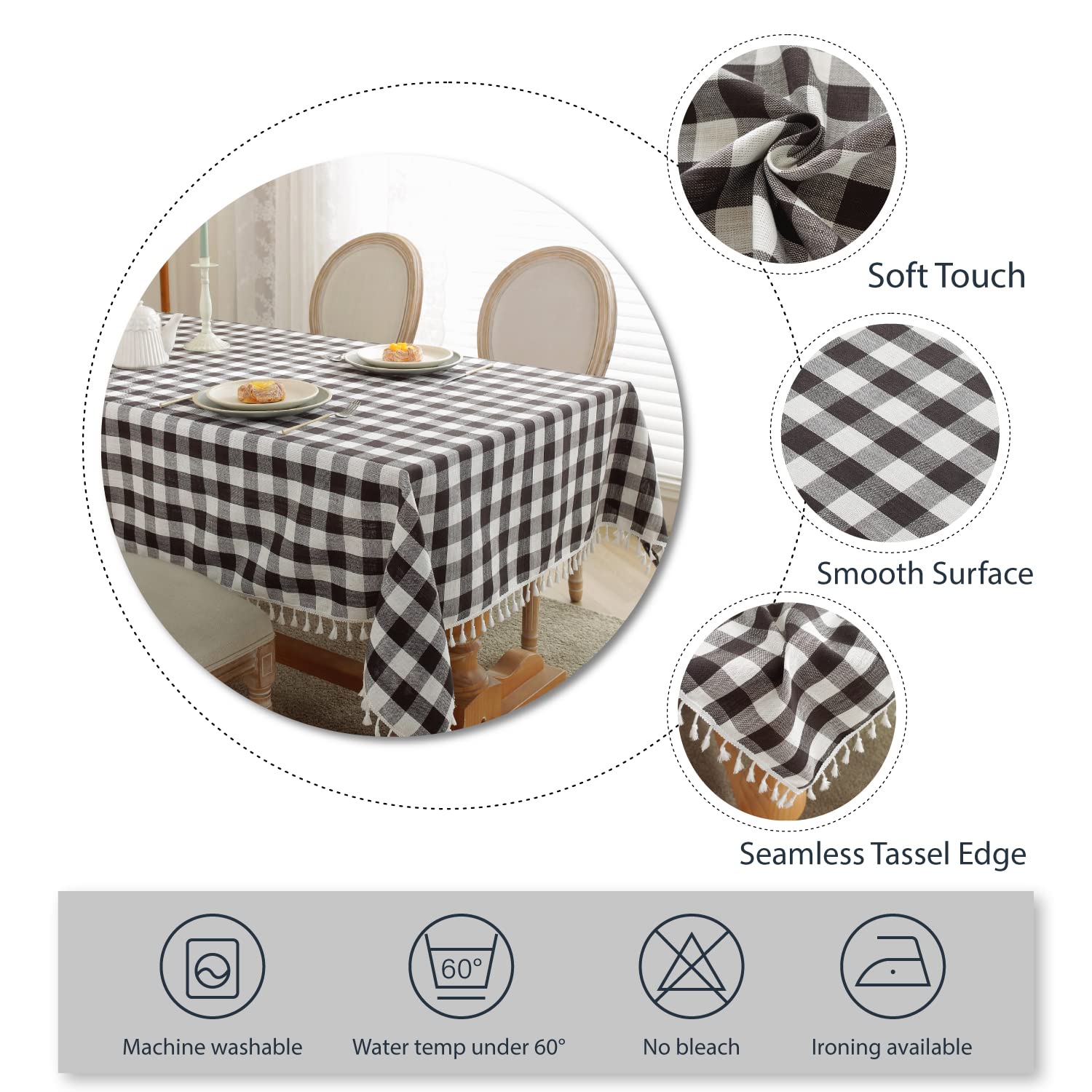 Laolitou Checkered Tablecloth Rectangle Washable Halloween Buffalo Plaid Table Cloth With Tassel Cotton Linen Gingham Table Cove