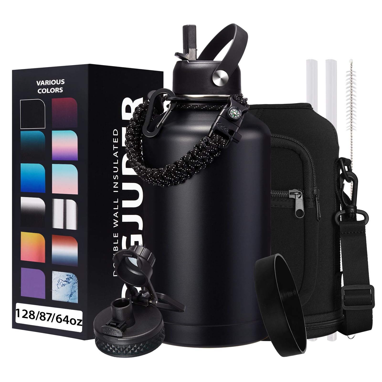 DIGJUPER Insulated Water Bottle 64oz - w/Paracord Handle, Straw & Spout Lids, Carrier Bag, Half Gallon Sport Stainless Steel Wat