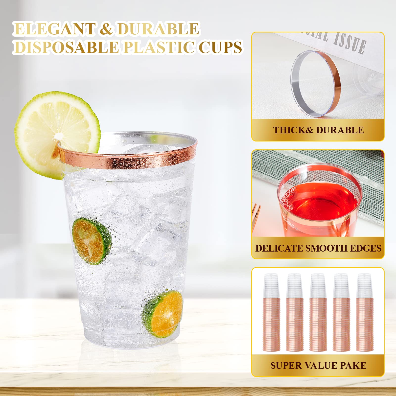 Vplus 150 Pack 12 Oz Rose Gold Rimmed Plastic Cups, Reusable Clear Plastic Cups, Disposable Heavy Duty Plastic Cups Perfect For
