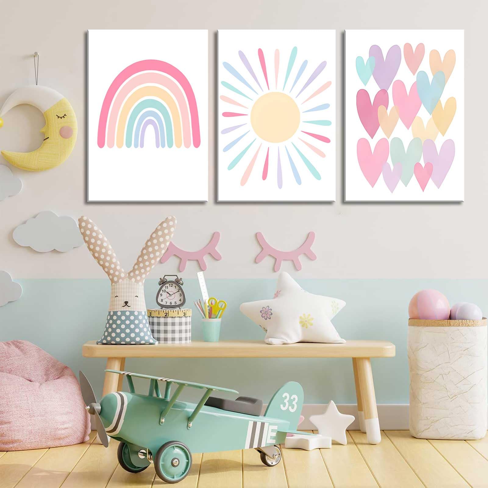 Rcjarti 3Pcs Pink Nursery Canvas Wall Art Rainbow Poster Kids Bedroom Baby Girls Toddler Pastel Wall Decor Prints Sun Boho Pink