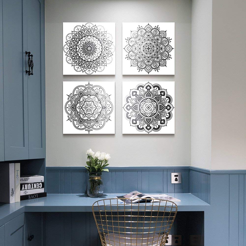 Black And White Art Decorative Pattern Canvas Wall Art For Living Room Bedroom Wall Decor Bathroom Decorations,4 Piece Modern Ho