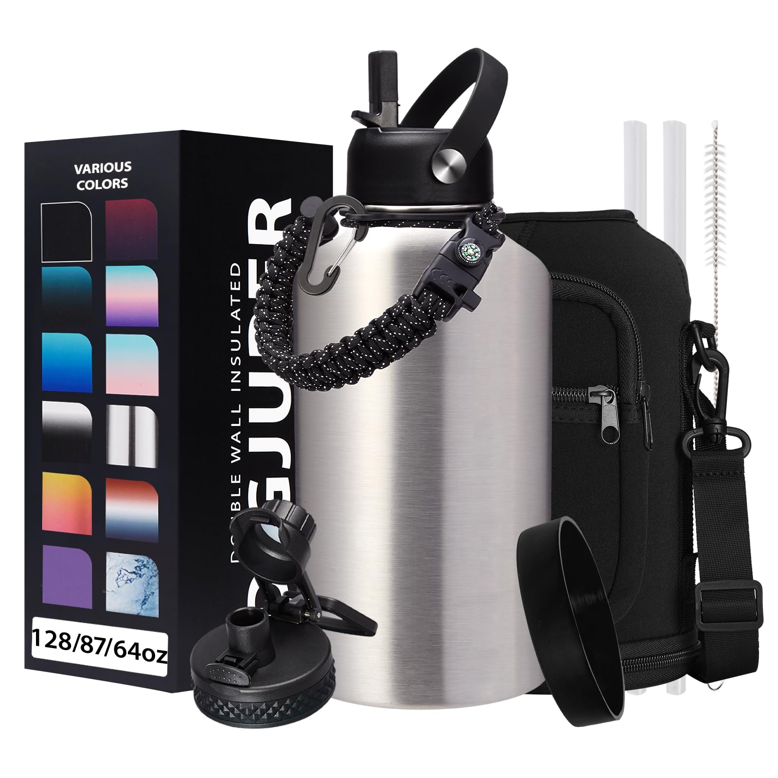 Digjuper 64 Oz Insulated Water Bottle Stainless Steel - Gallon Water Bottle With Straw, Half Gallon Water Jug Wide Mouth, Sweat-