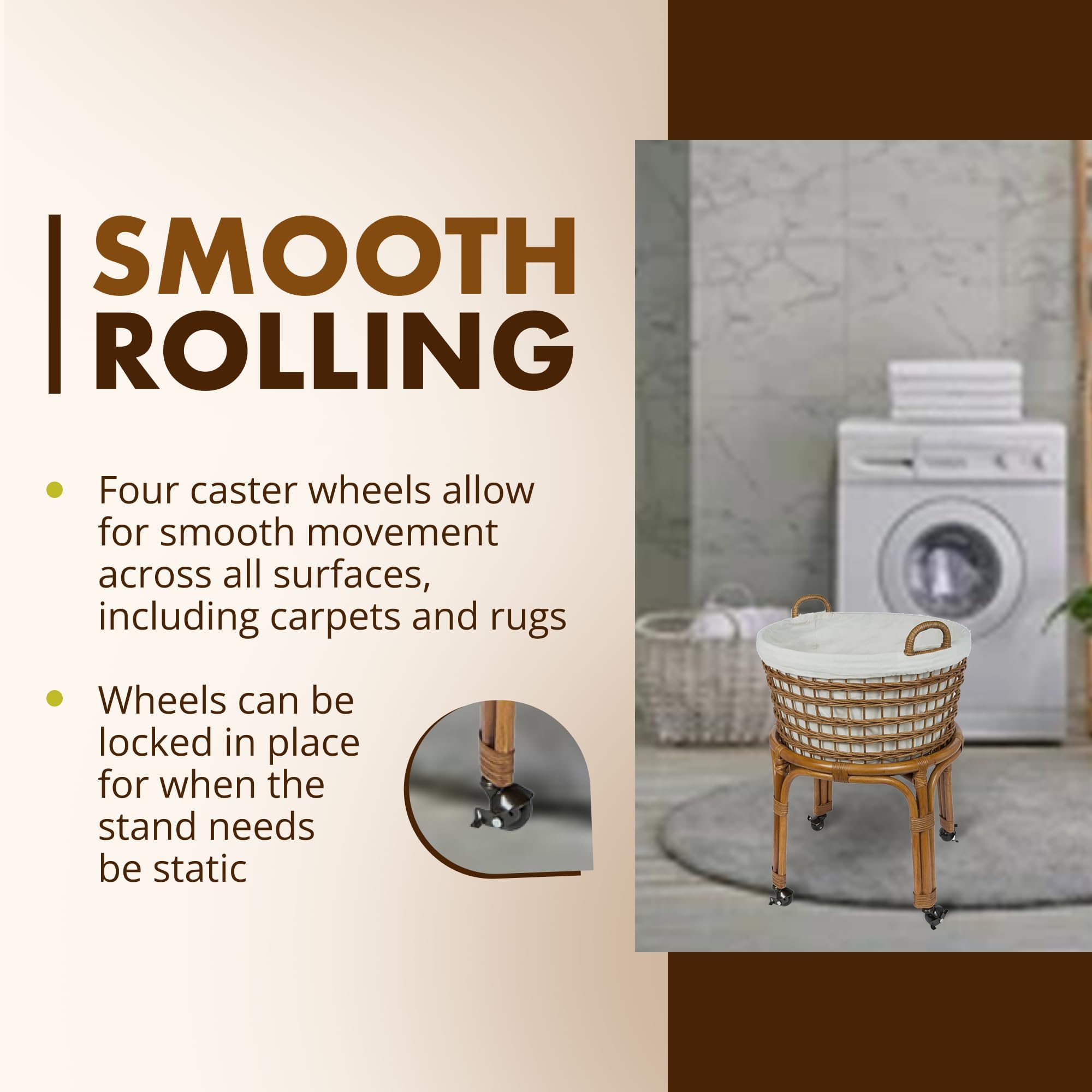 Kouboo Rolling Wicker Laundry Basket, Handwoven Wicker Hamper With Removable Cotton Liner, Stand, & Locking Caster Wheels, Honey