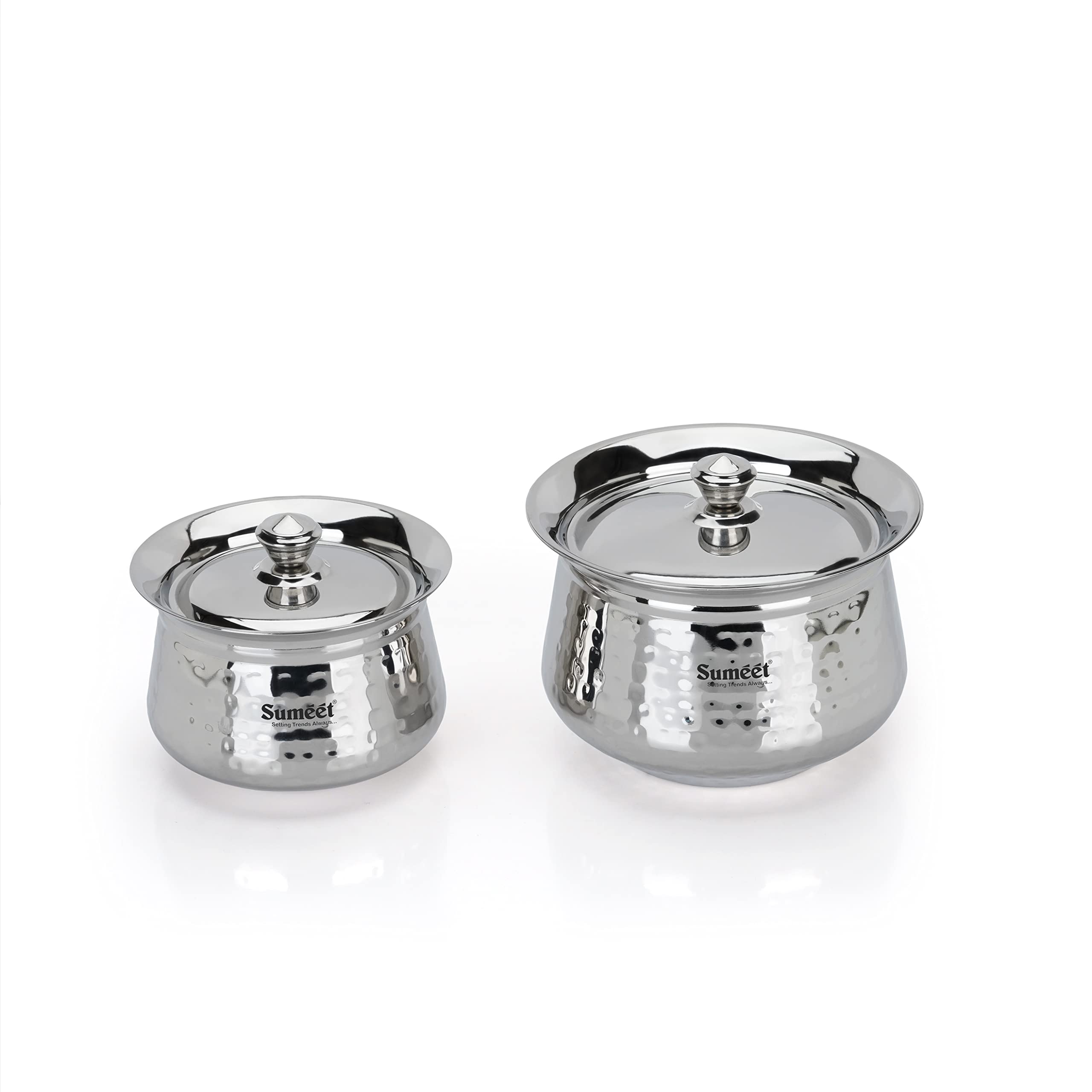 Sumeet Stainless Steel Handcrafted Hammered Texture Handi Set With Lid For Kitchen, Set Of 2, 650Ml & 1300Ml, Silver