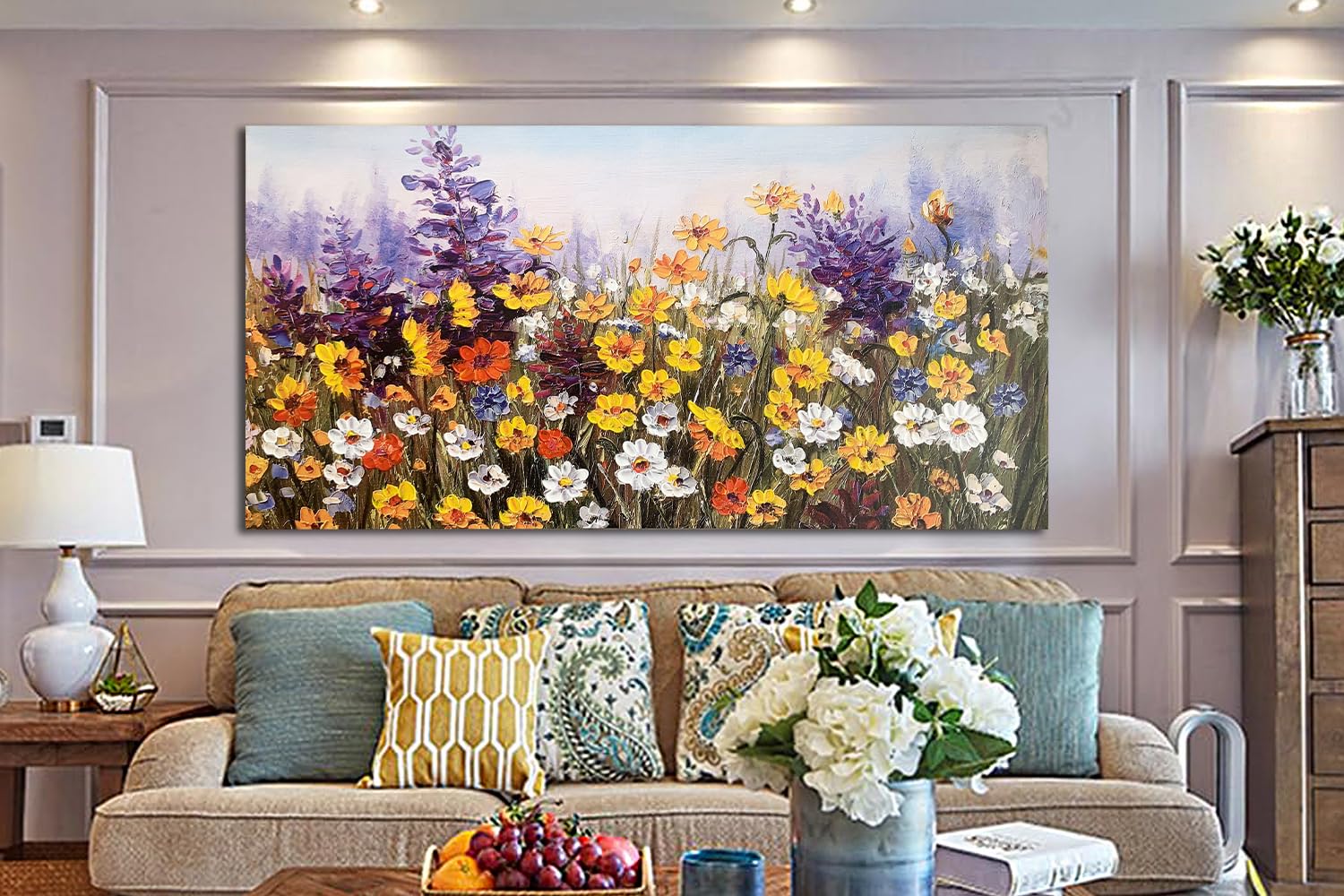 Ardemy Flowers Wall Art Canvas Daisy Colorful 3d Textured Picture Landscape Wildflowers Painting  Purple Yellow Floral Artwork Large Framed for Living Room Bedroom Bathroom Office Home Decor 48''x24''