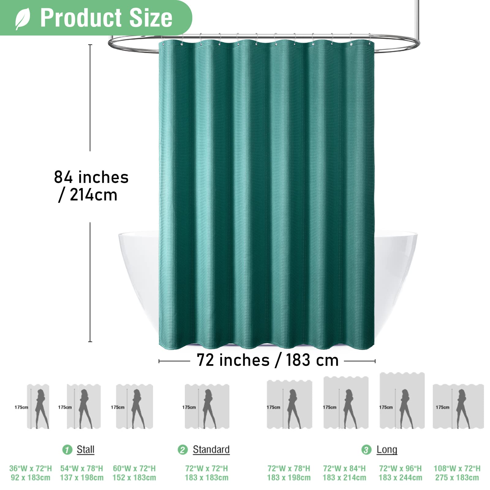 Dynamene Extra Long Shower Curtain - 84 Inch Long Green Fabric Waffle Weave Heavy Duty Shower Curtain For Bathroom, Weighted Hot