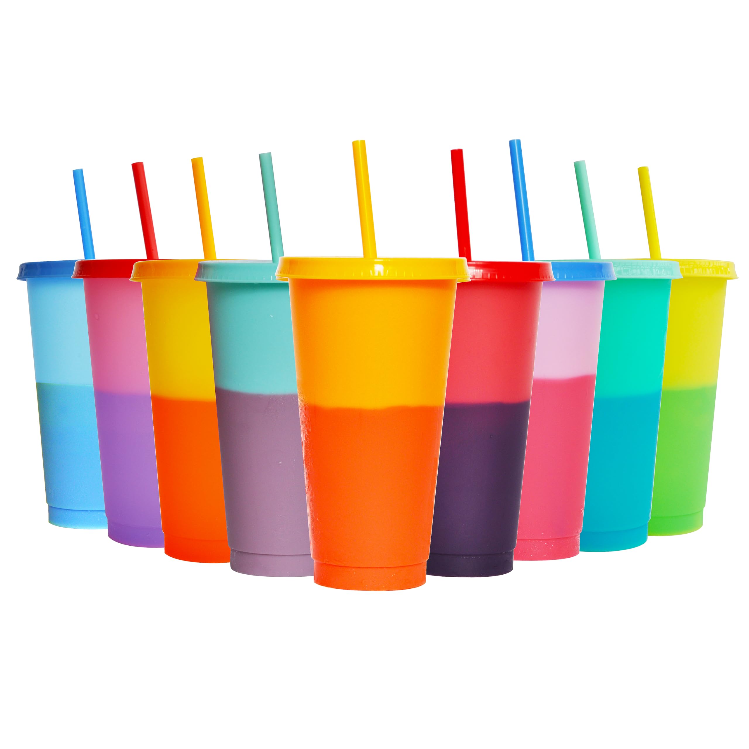 Alohastarttg Color Changing Cups, 9 Pack 24oz Plastic Tumblers, Reusable Iced Coffee & Smoothie Cups with Lids and Straws for Pa