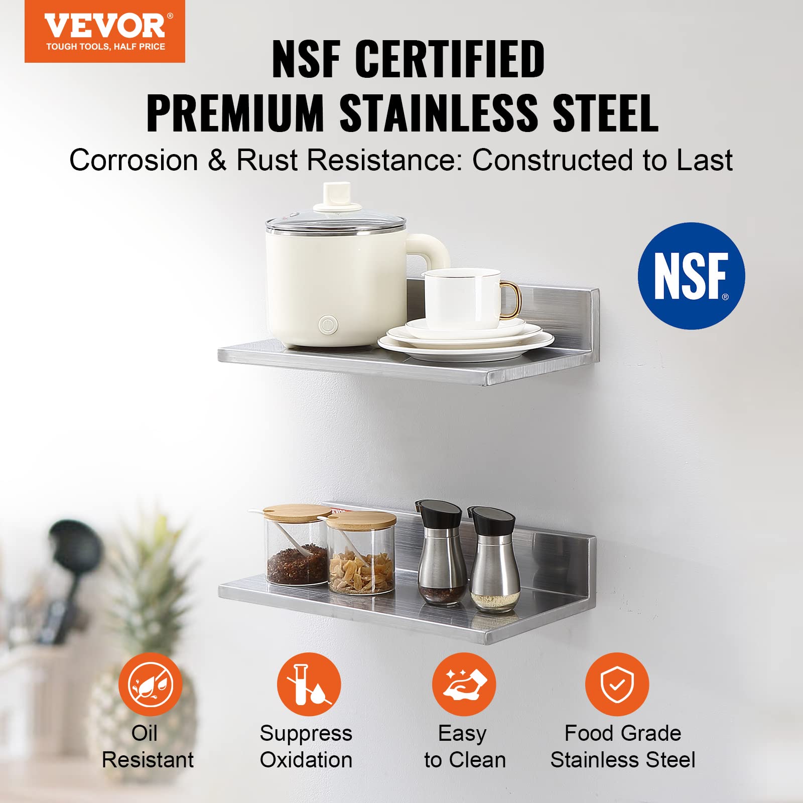 Vevor Stainless Steel Shelf, Wall Mounted Floating Shelving With Brackets, Commercial Shelves, Heavy Duty Storage Rack For Resta
