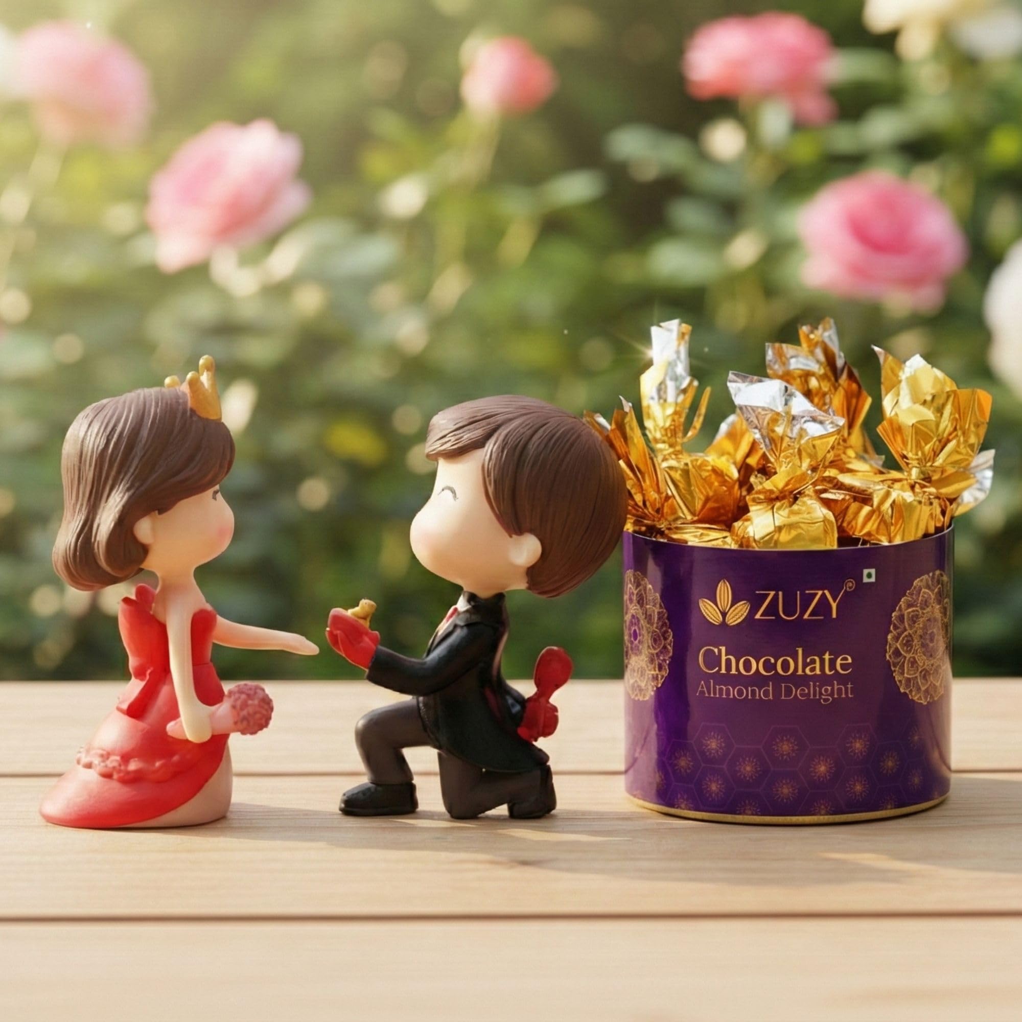 Ecraftindia Cute Couple Statue Boy Proposing Girl Miniature Showpiece Zuzy Almond Chocolates Gift Box | Valentine Gift For Girlf